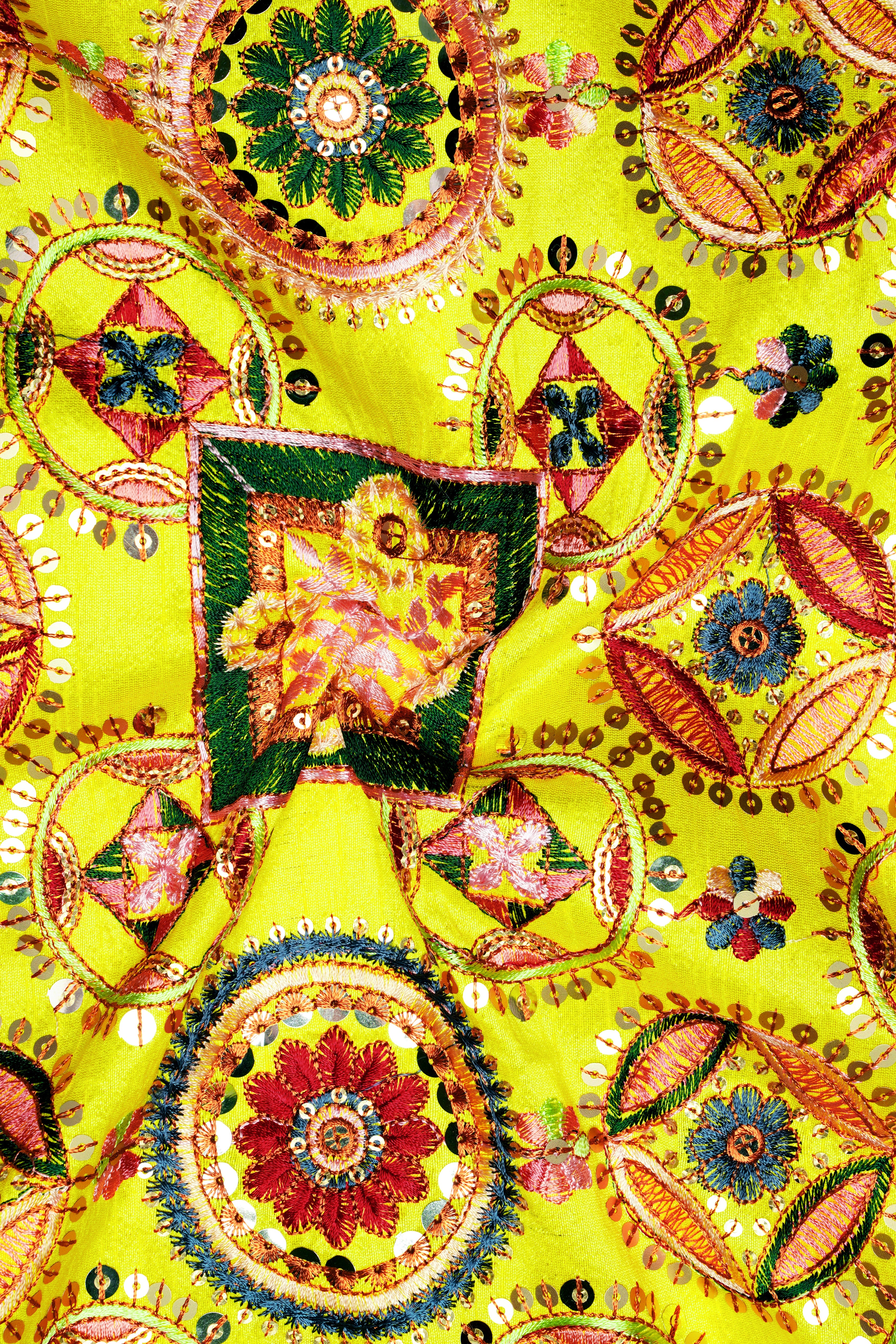 Coutflora-Custard Yellow Multicolour Cotton Thread Embroidered Designer Tuxedo Blazer - Image 3