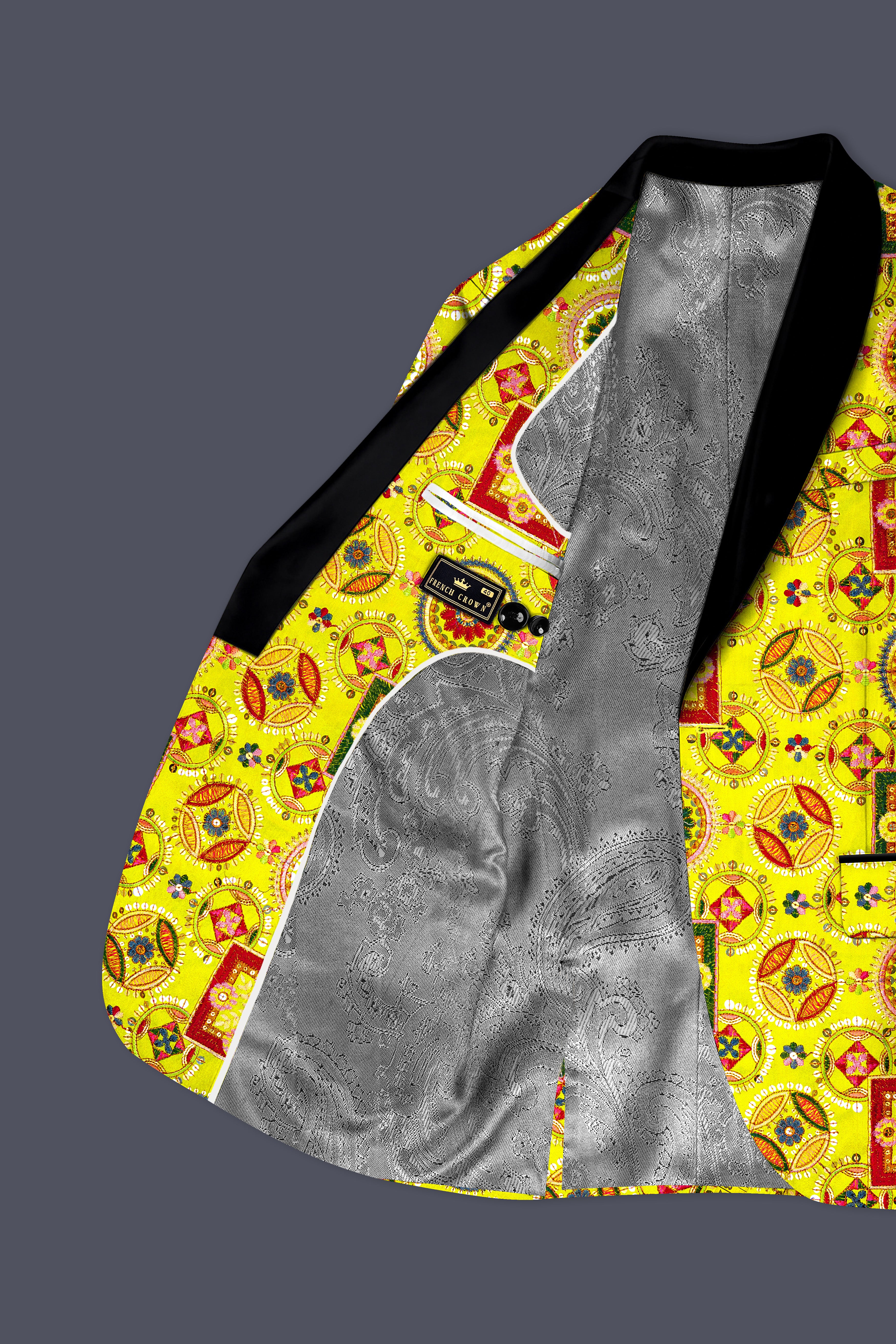 Coutflora-Custard Yellow Multicolour Cotton Thread Embroidered Designer Tuxedo Blazer - Image 4