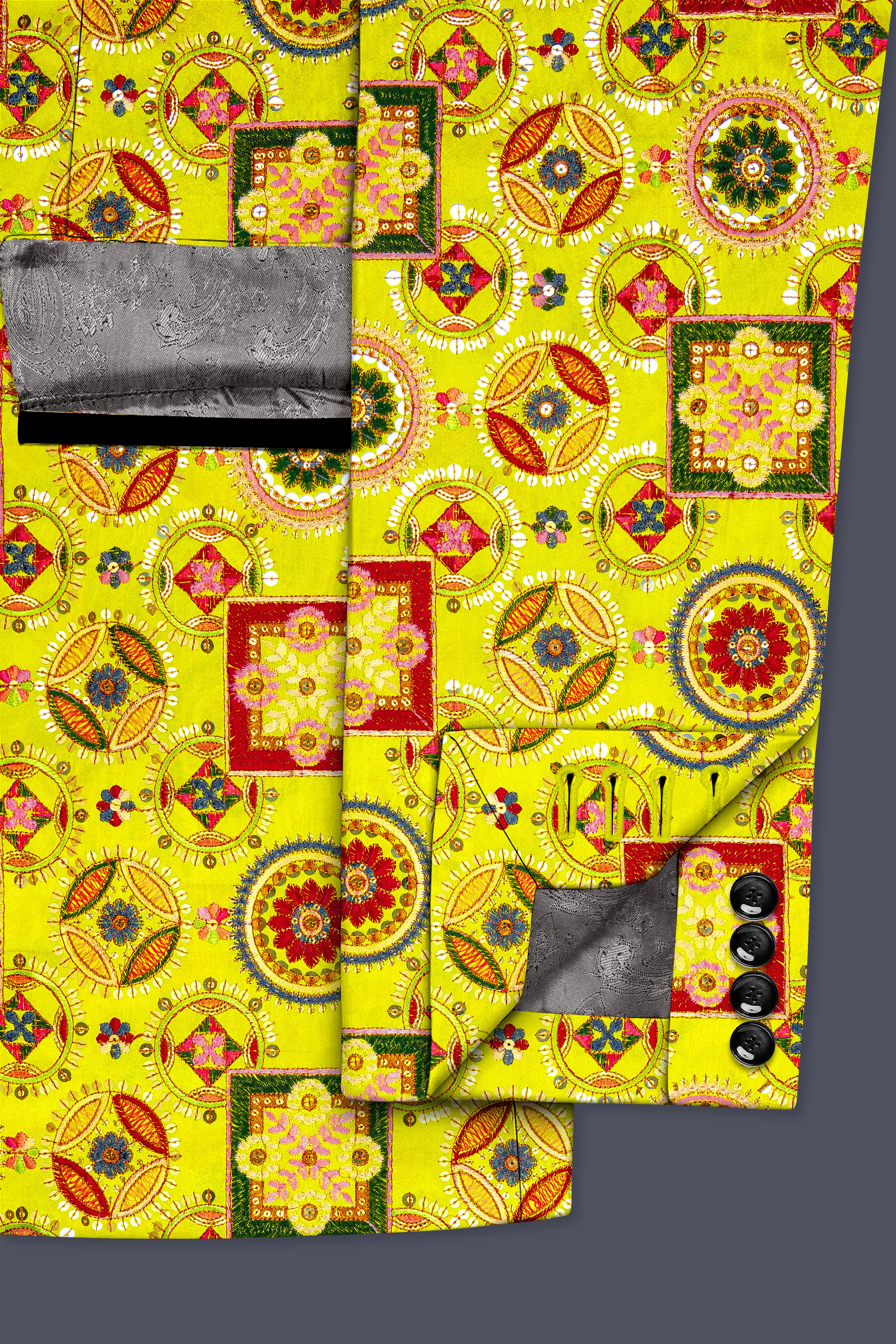 Coutflora-Custard Yellow Multicolour Cotton Thread Embroidered Designer Tuxedo Blazer - Image 6