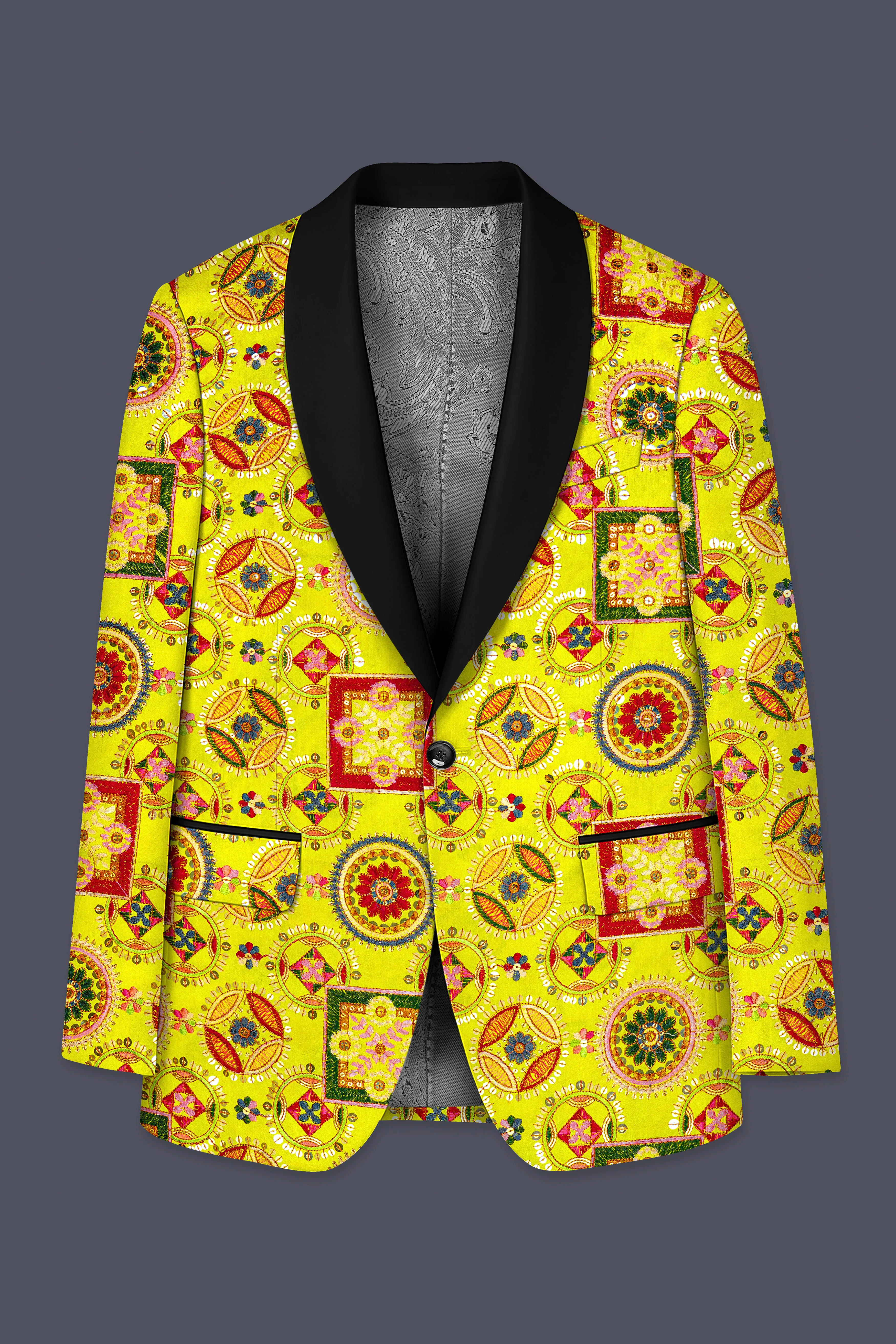 Coutflora-Custard Yellow Multicolour Cotton Thread Embroidered Designer Tuxedo Blazer - Image 7