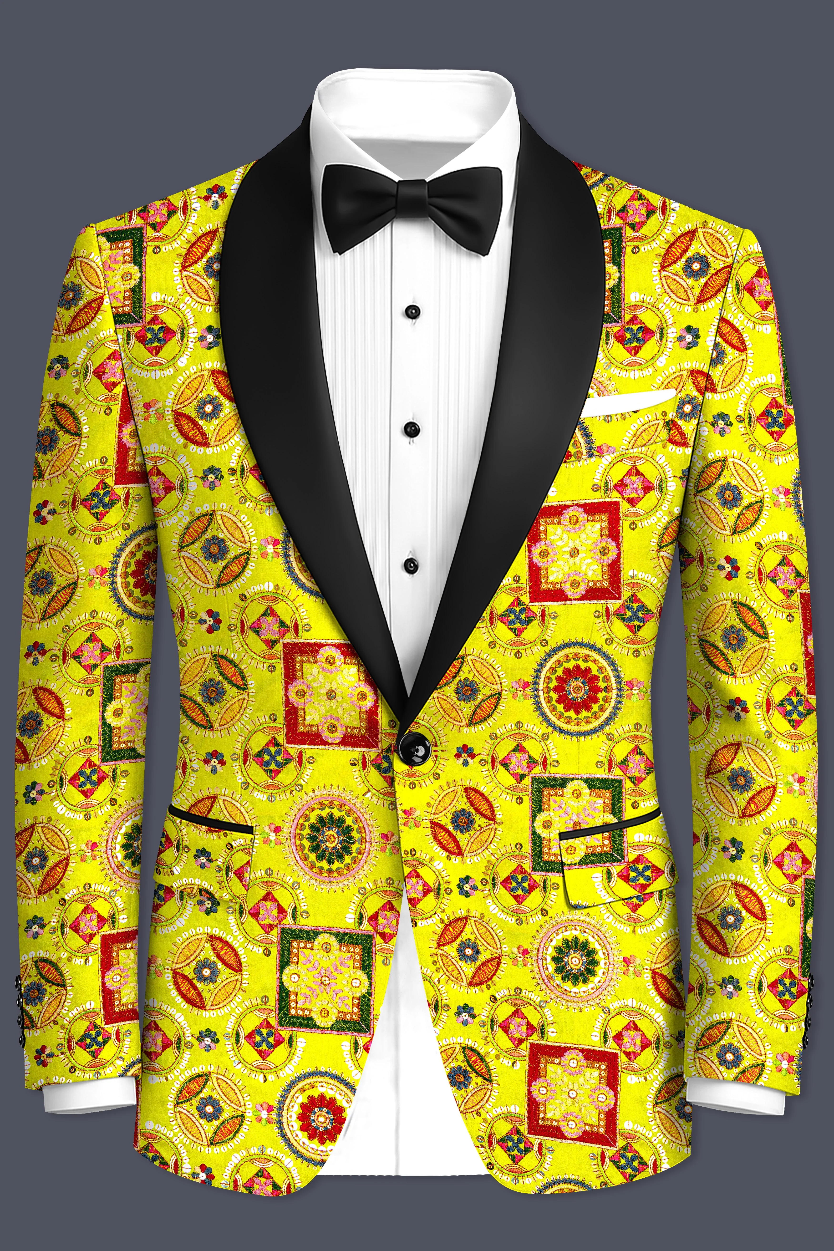 Coutflora-Custard Yellow Multicolour Cotton Thread Embroidered Designer Tuxedo Suit - Image 10
