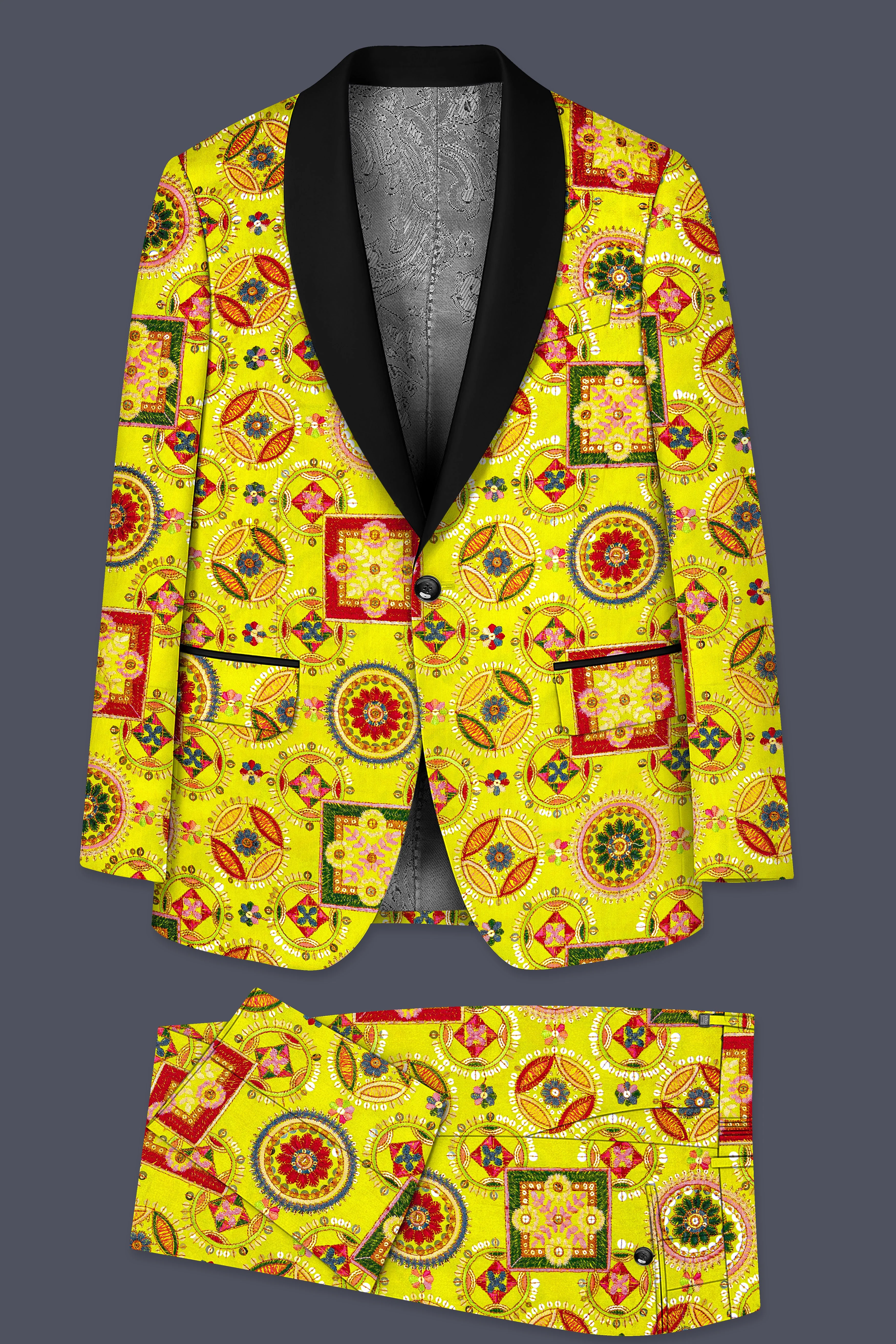 Coutflora-Custard Yellow Multicolour Cotton Thread Embroidered Designer Tuxedo Suit - Image 11