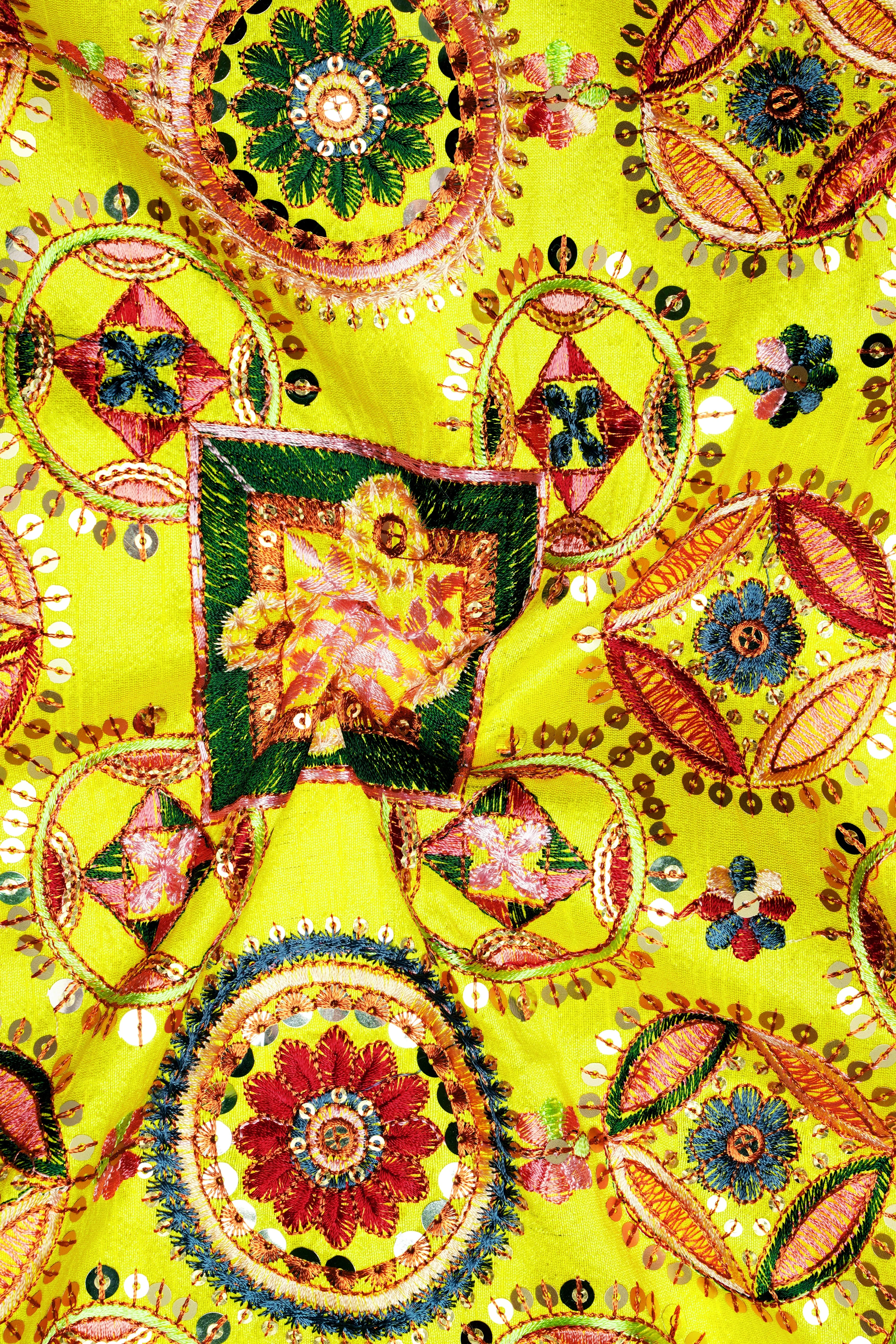 Coutflora-Custard Yellow Multicolour Cotton Thread Embroidered Designer Tuxedo Suit - Image 3