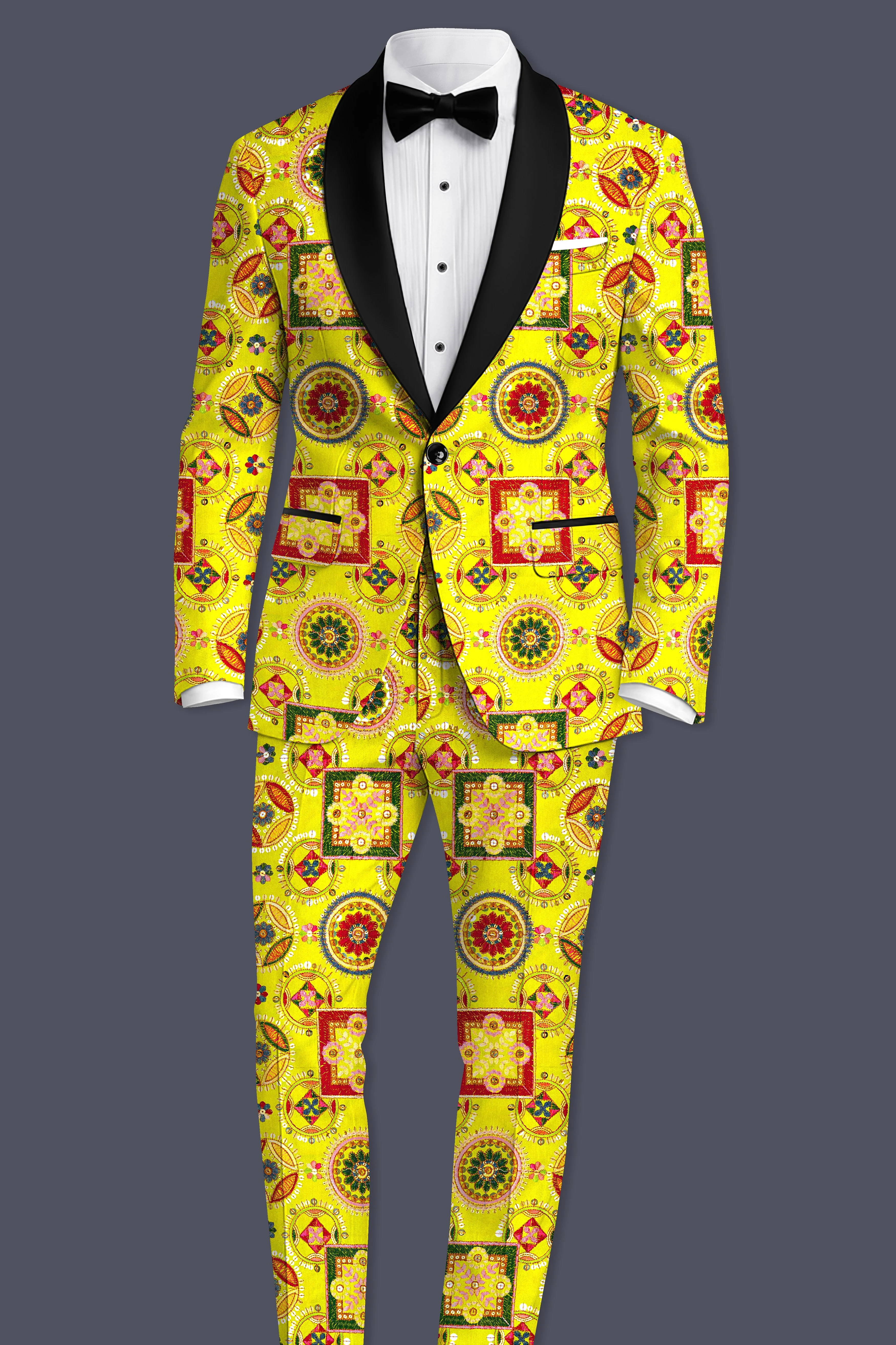 Coutflora-Custard Yellow Multicolour Cotton Thread Embroidered Designer Tuxedo Suit - Image 4