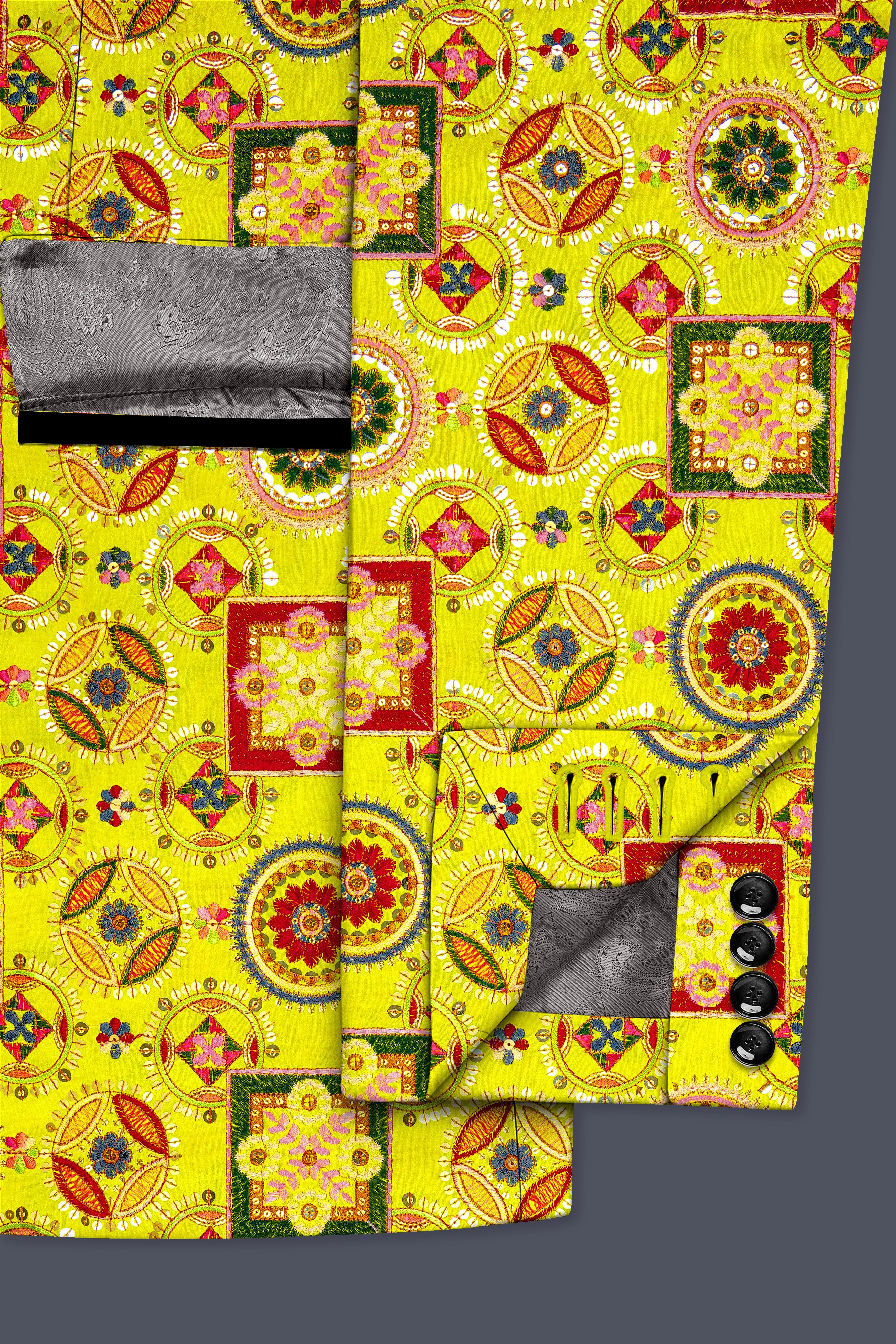 Coutflora-Custard Yellow Multicolour Cotton Thread Embroidered Designer Tuxedo Suit - Image 7