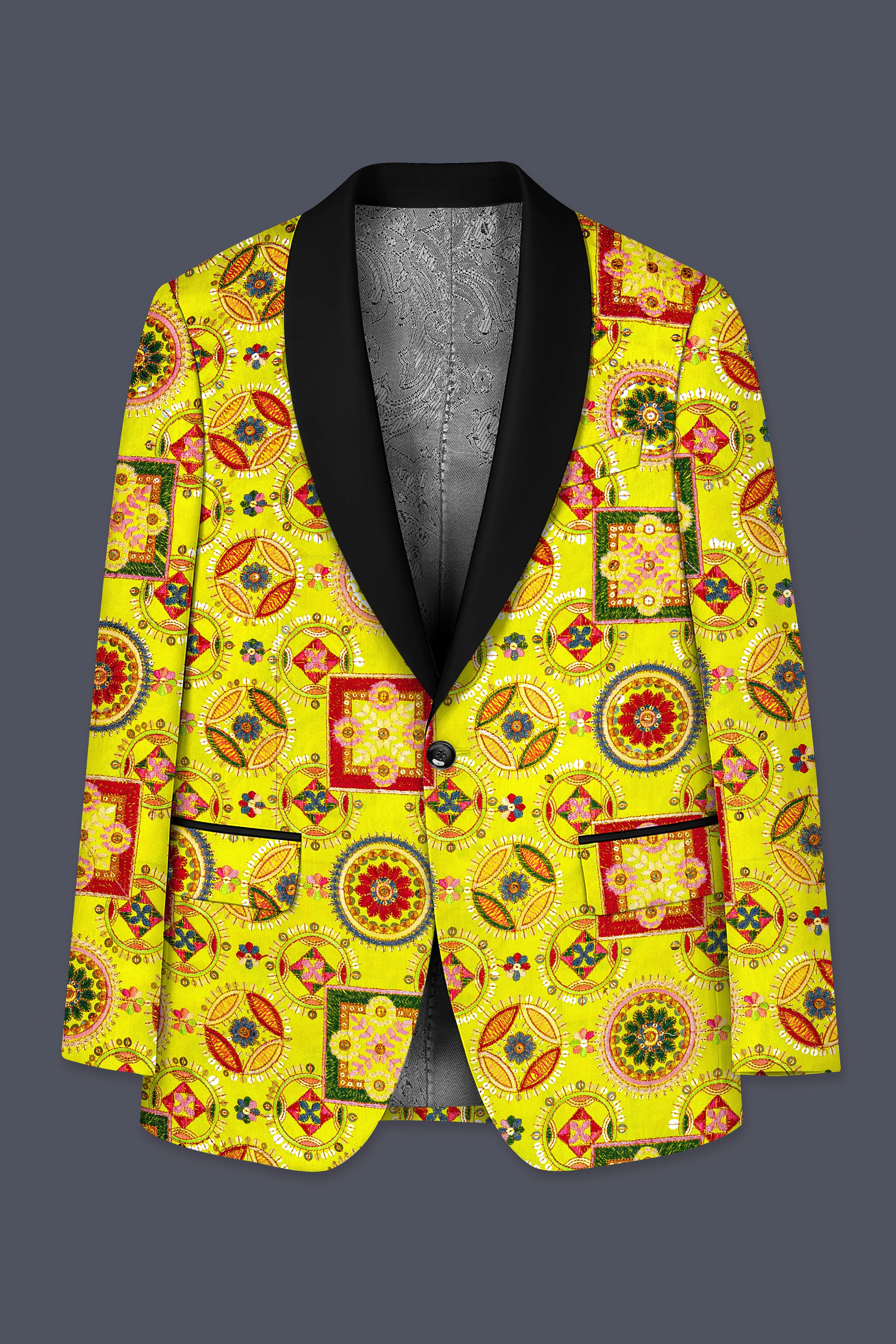 Coutflora-Custard Yellow Multicolour Cotton Thread Embroidered Designer Tuxedo Suit - Image 8