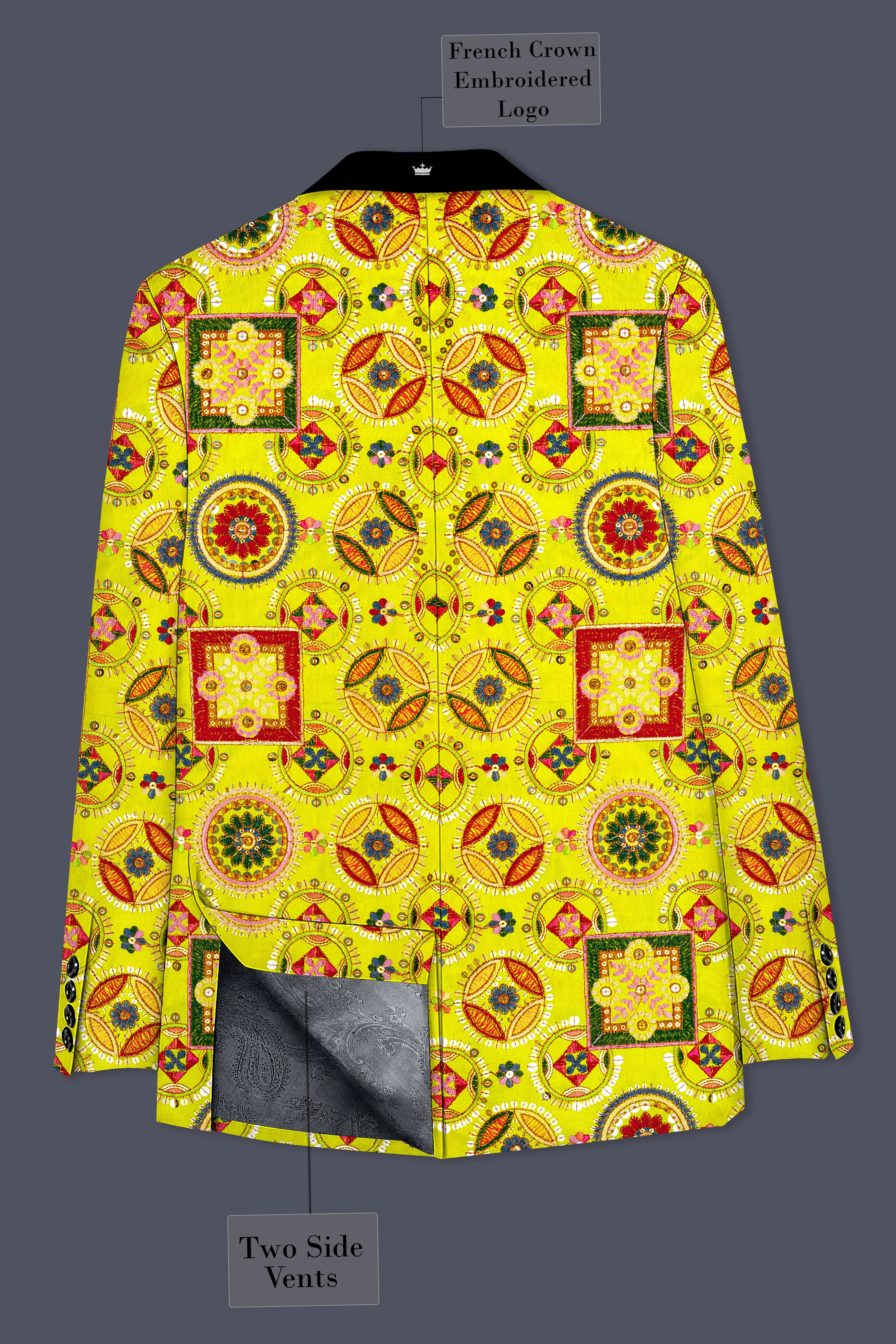Coutflora-Custard Yellow Multicolour Cotton Thread Embroidered Designer Tuxedo Suit - Image 9