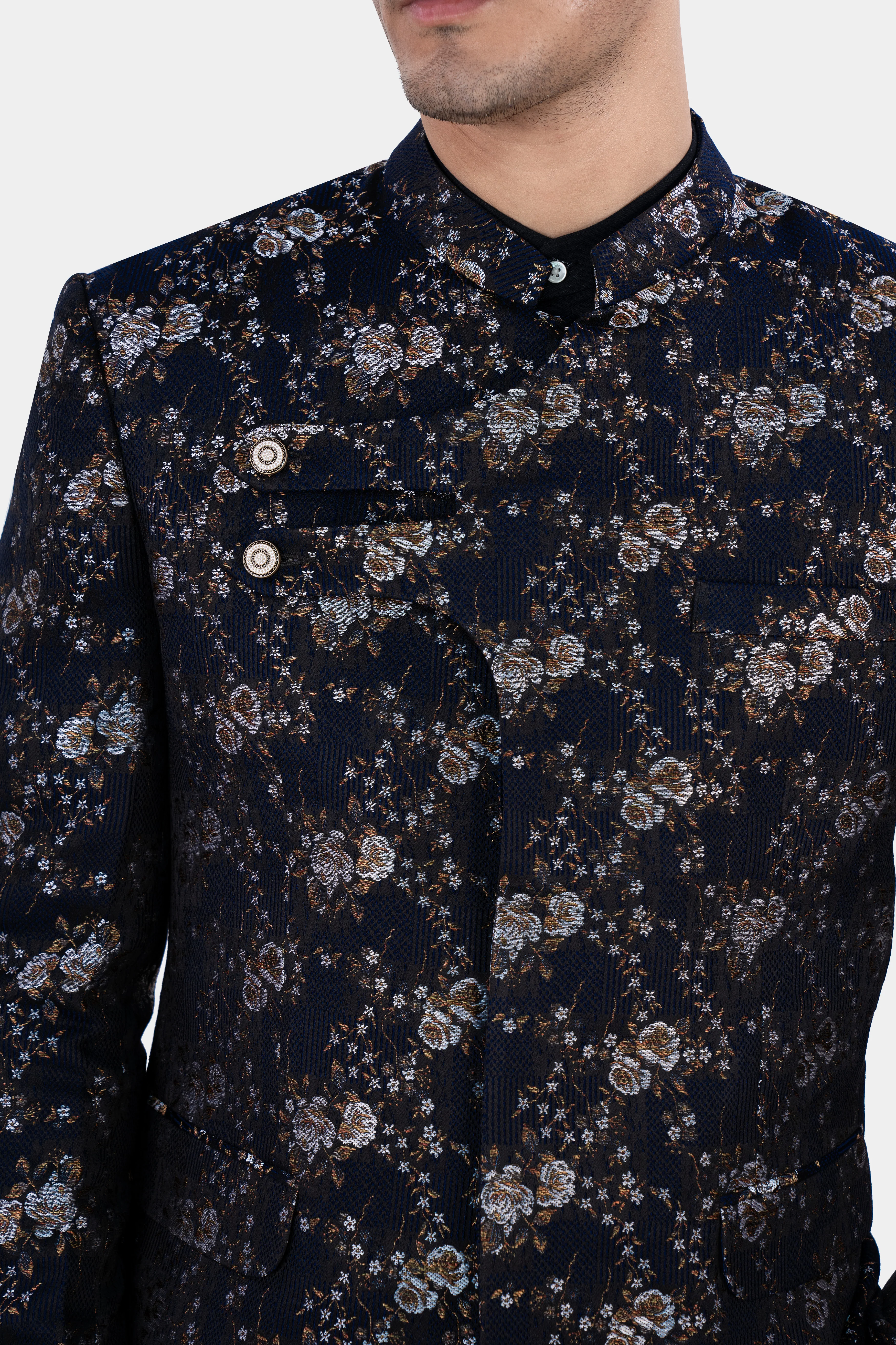 Cove Blue and Sepia Brown Floral Jacquard Textured Premium Giza Cotton Bandhgala Designer Blazer - Image 4