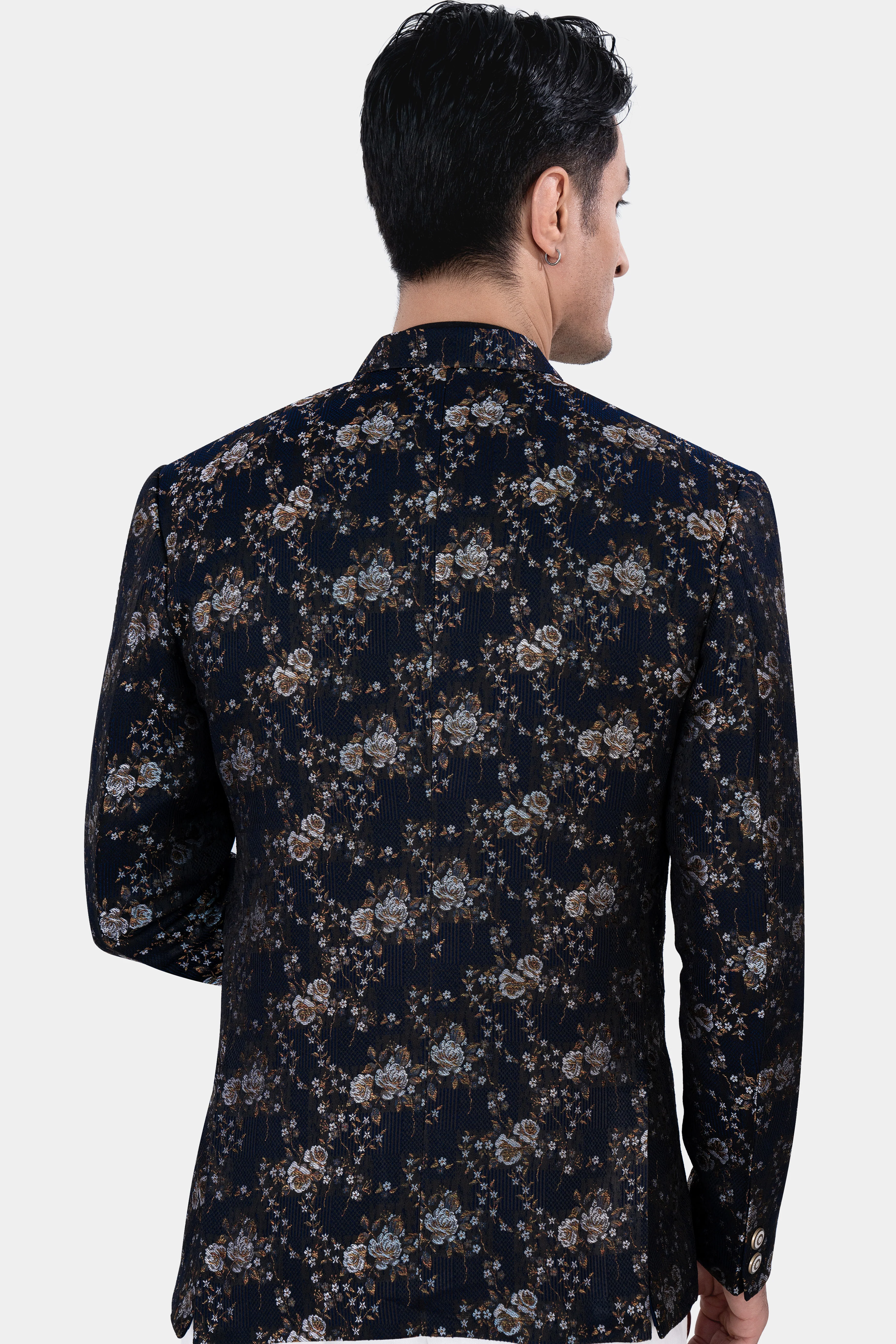 Cove Blue and Sepia Brown Floral Jacquard Textured Premium Giza Cotton Bandhgala Designer Blazer - Image 5