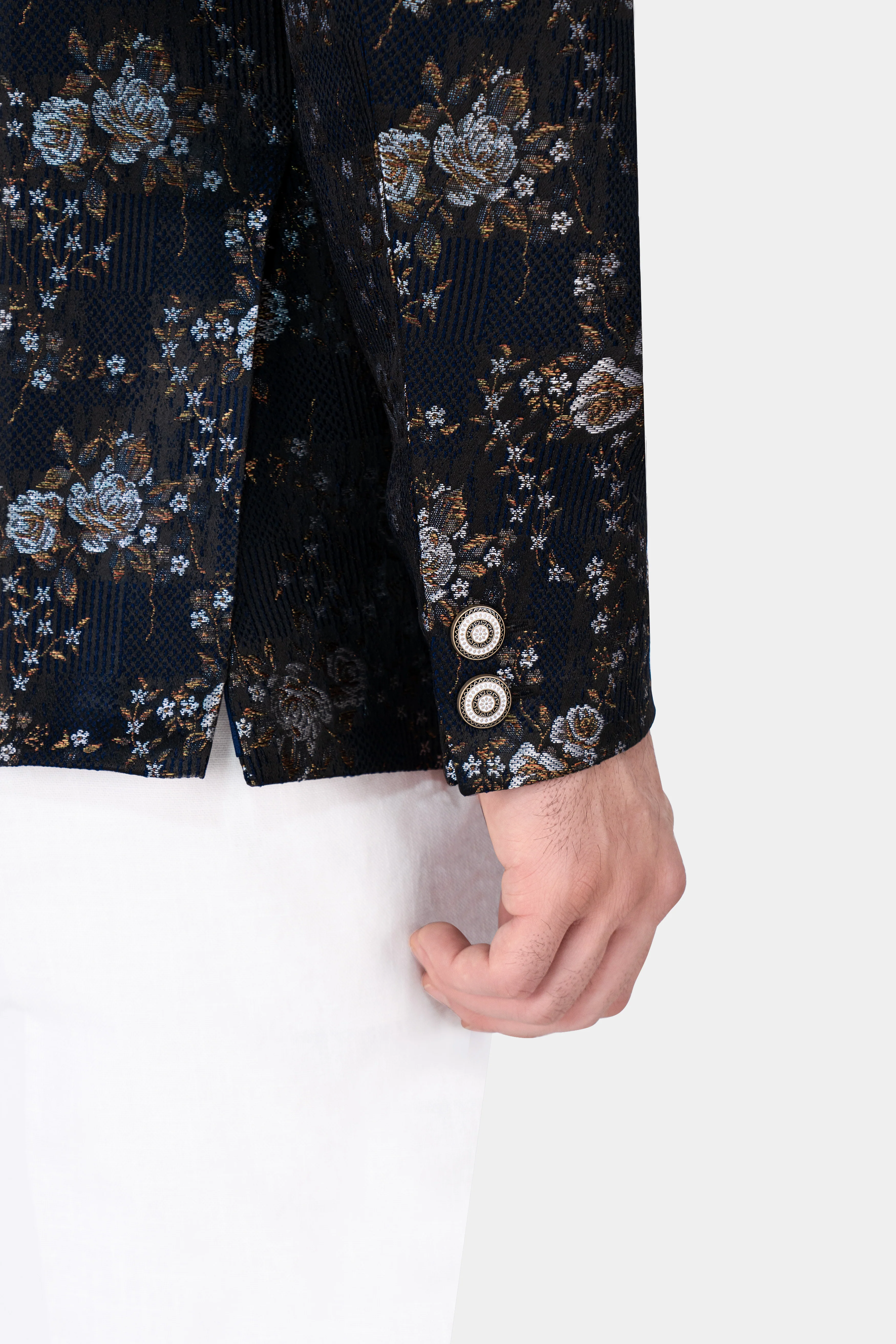 Cove Blue and Sepia Brown Floral Jacquard Textured Premium Giza Cotton Bandhgala Designer Blazer - Image 6