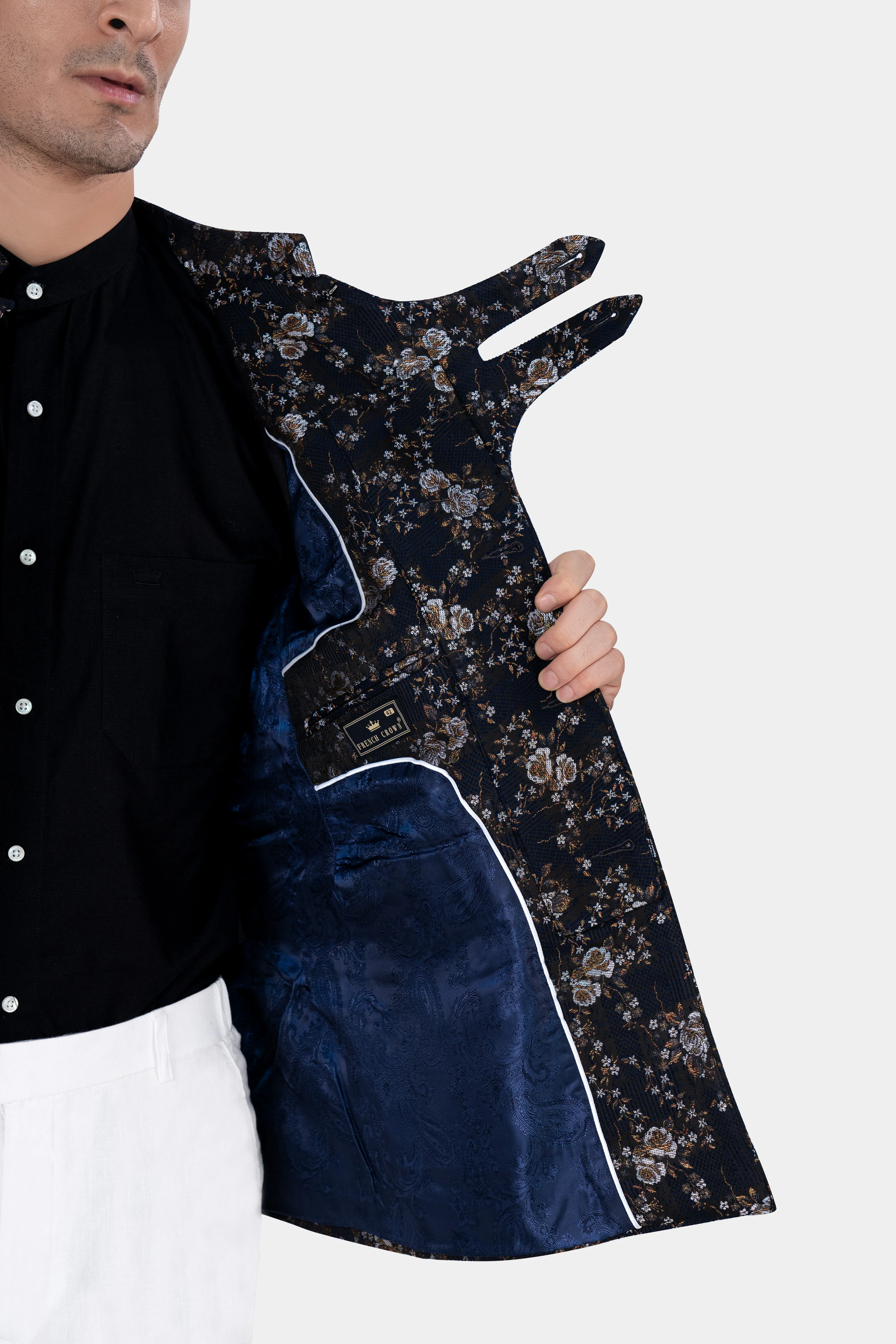 Cove Blue and Sepia Brown Floral Jacquard Textured Premium Giza Cotton Bandhgala Designer Blazer - Image 7