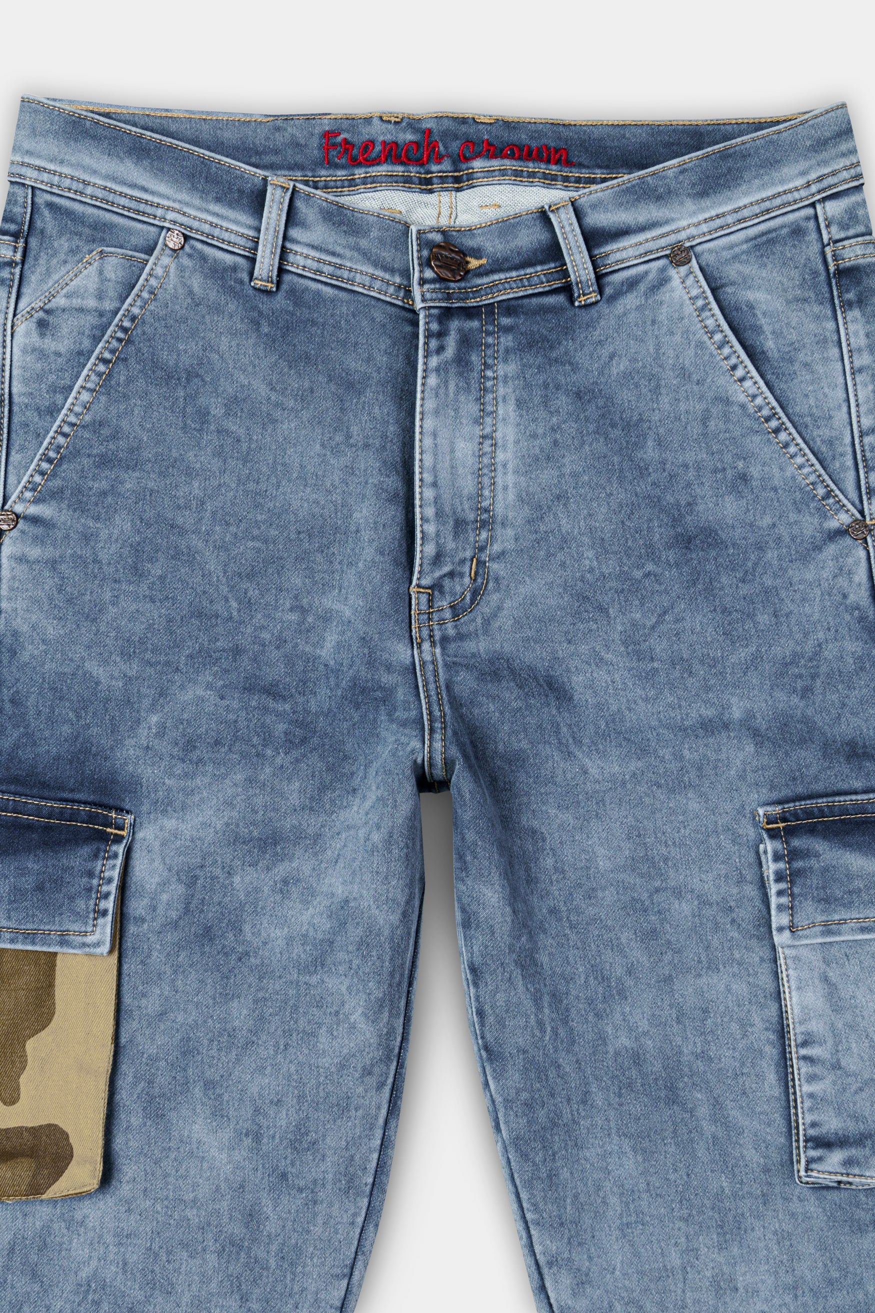 Cyan Blue with Camouflage Cargo Pocket Designer Stretchable Denim - Image 4