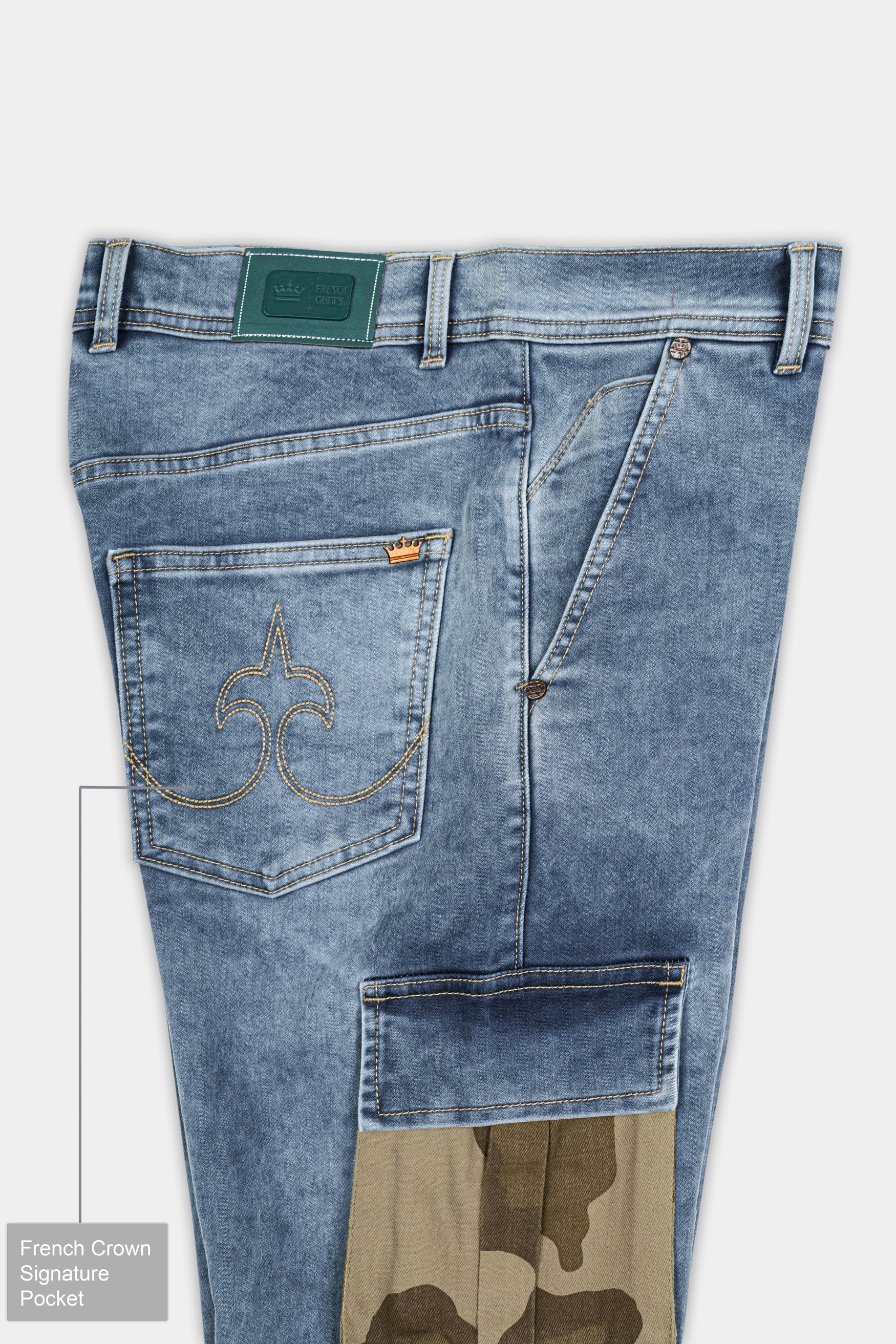 Cyan Blue with Camouflage Cargo Pocket Designer Stretchable Denim - Image 7