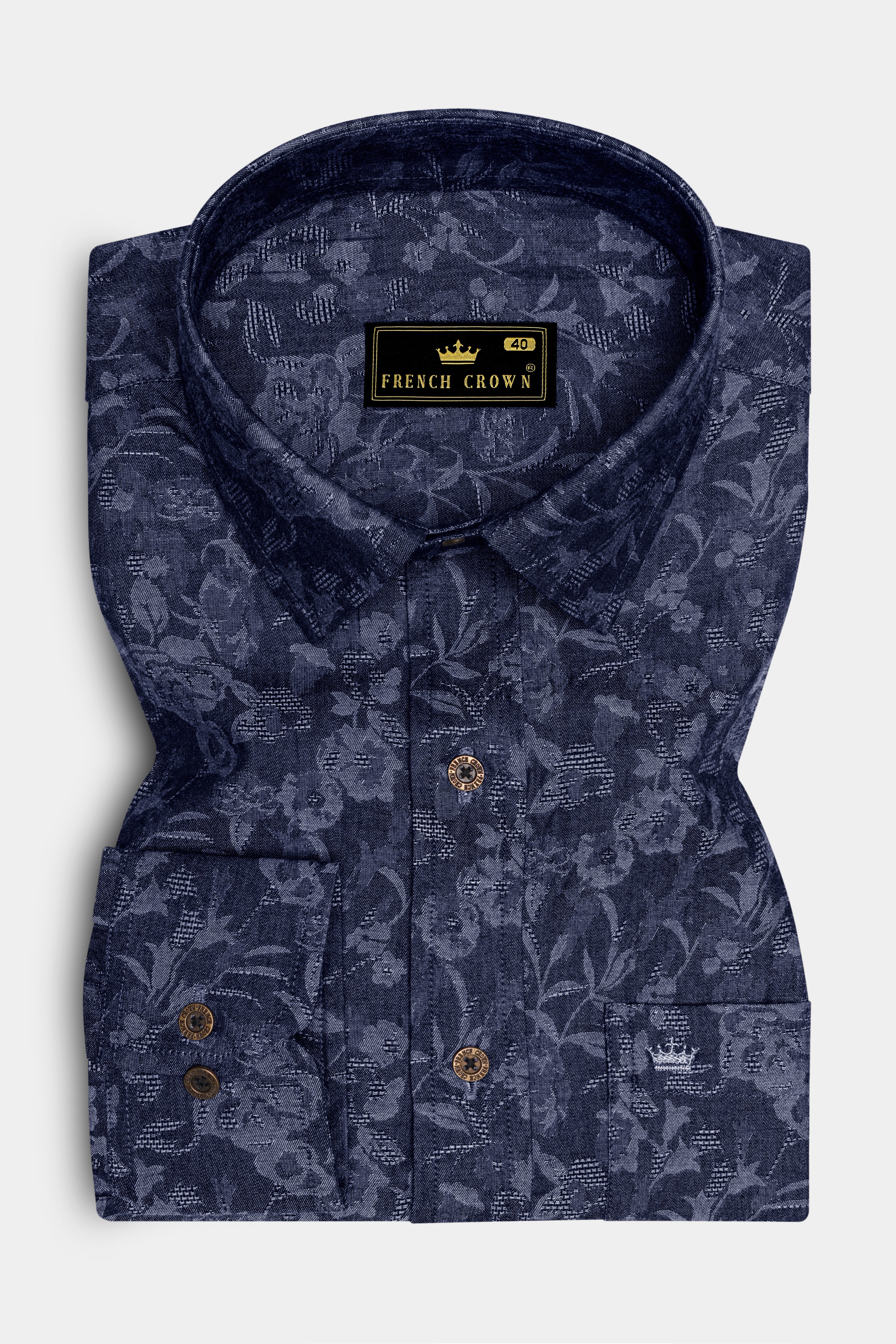 Fiorenza-Martinique Denim Blue Floral Jacquard Print Super Soft Premium Cotton Casual Shirt - Image 4