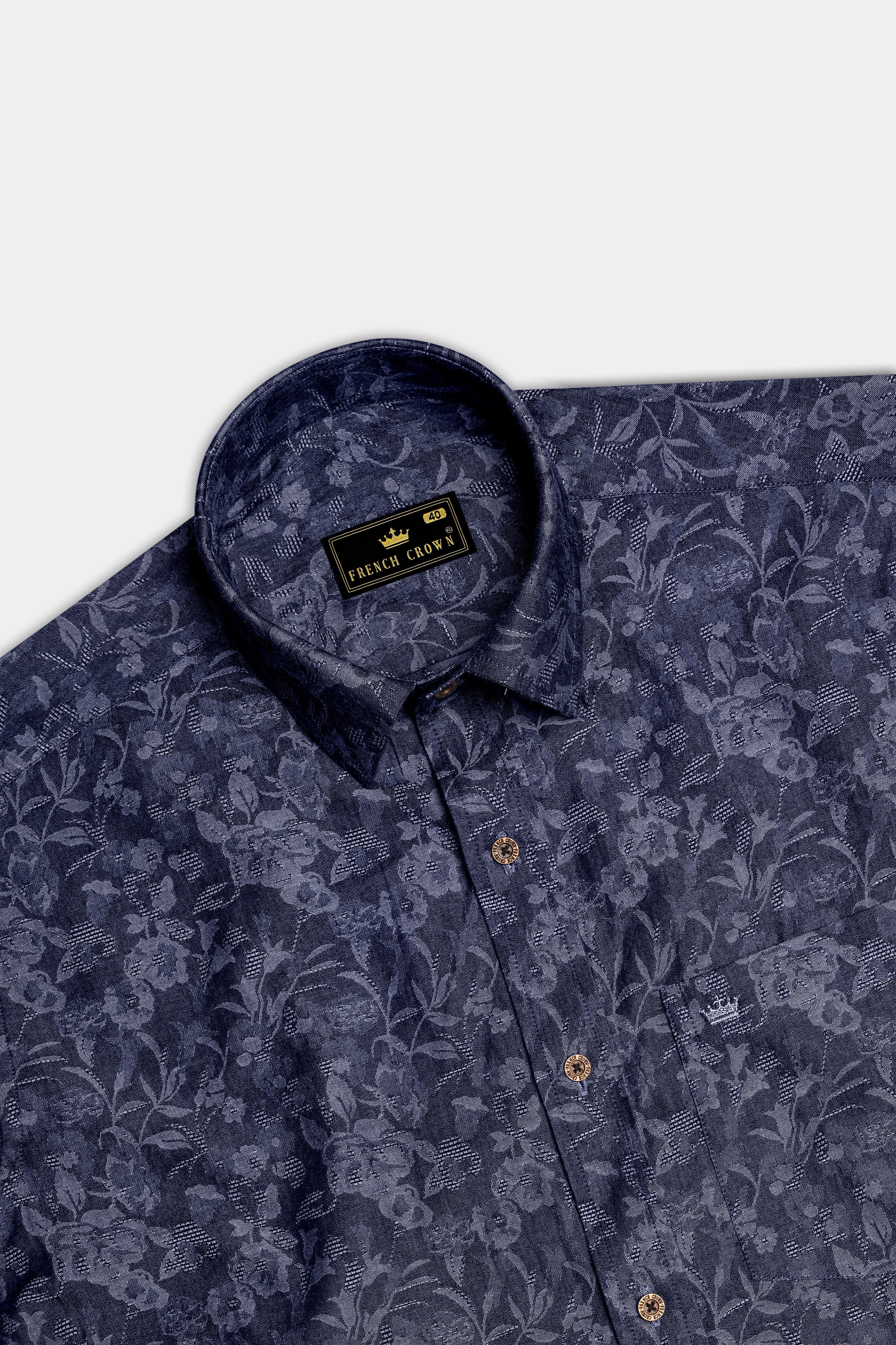 Fiorenza-Martinique Denim Blue Floral Jacquard Print Super Soft Premium Cotton Casual Shirt - Image 5