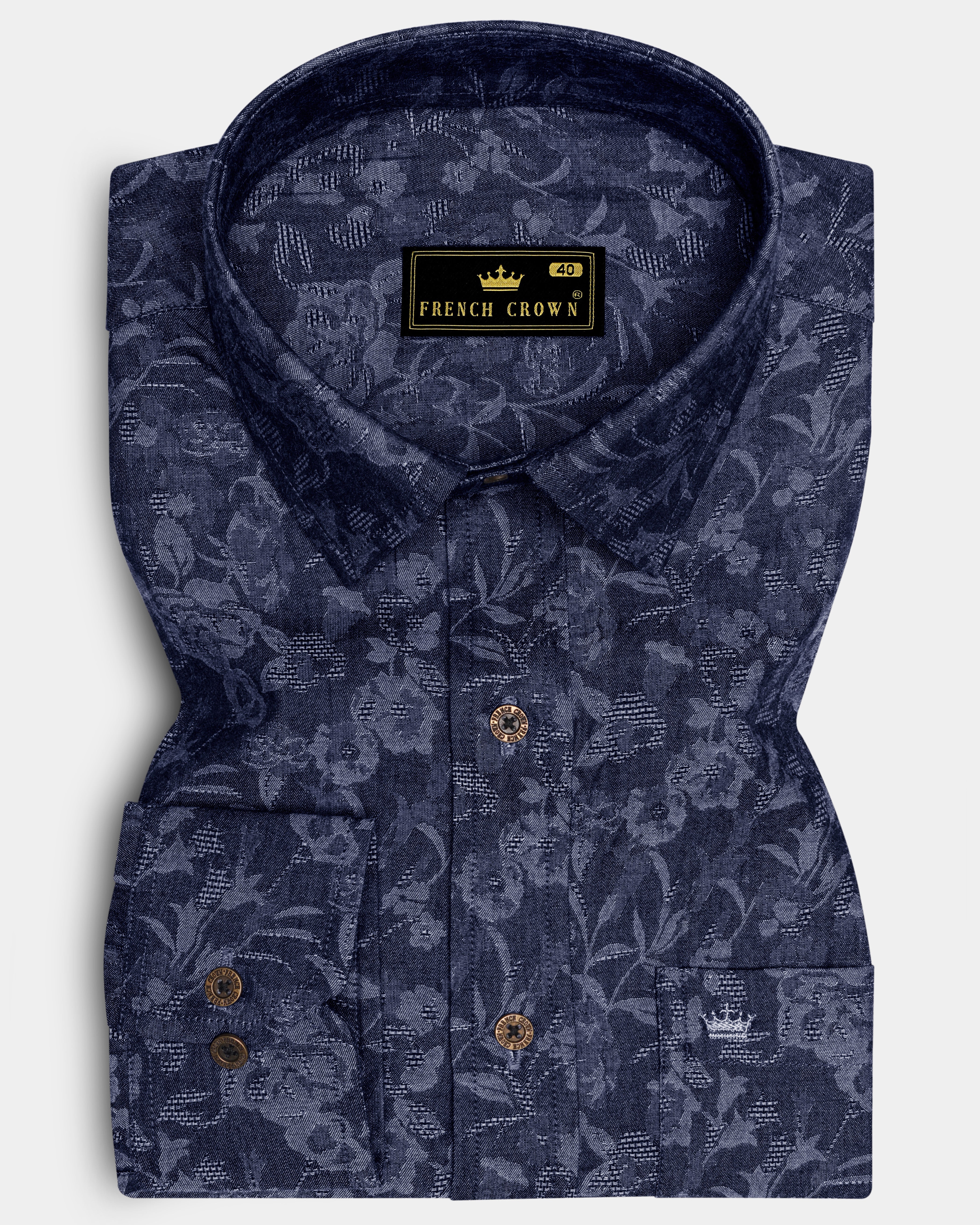 Fiorenza-Martinique Denim Blue Floral Jacquard Print Super Soft Premium Cotton Casual Shirt - Image 6