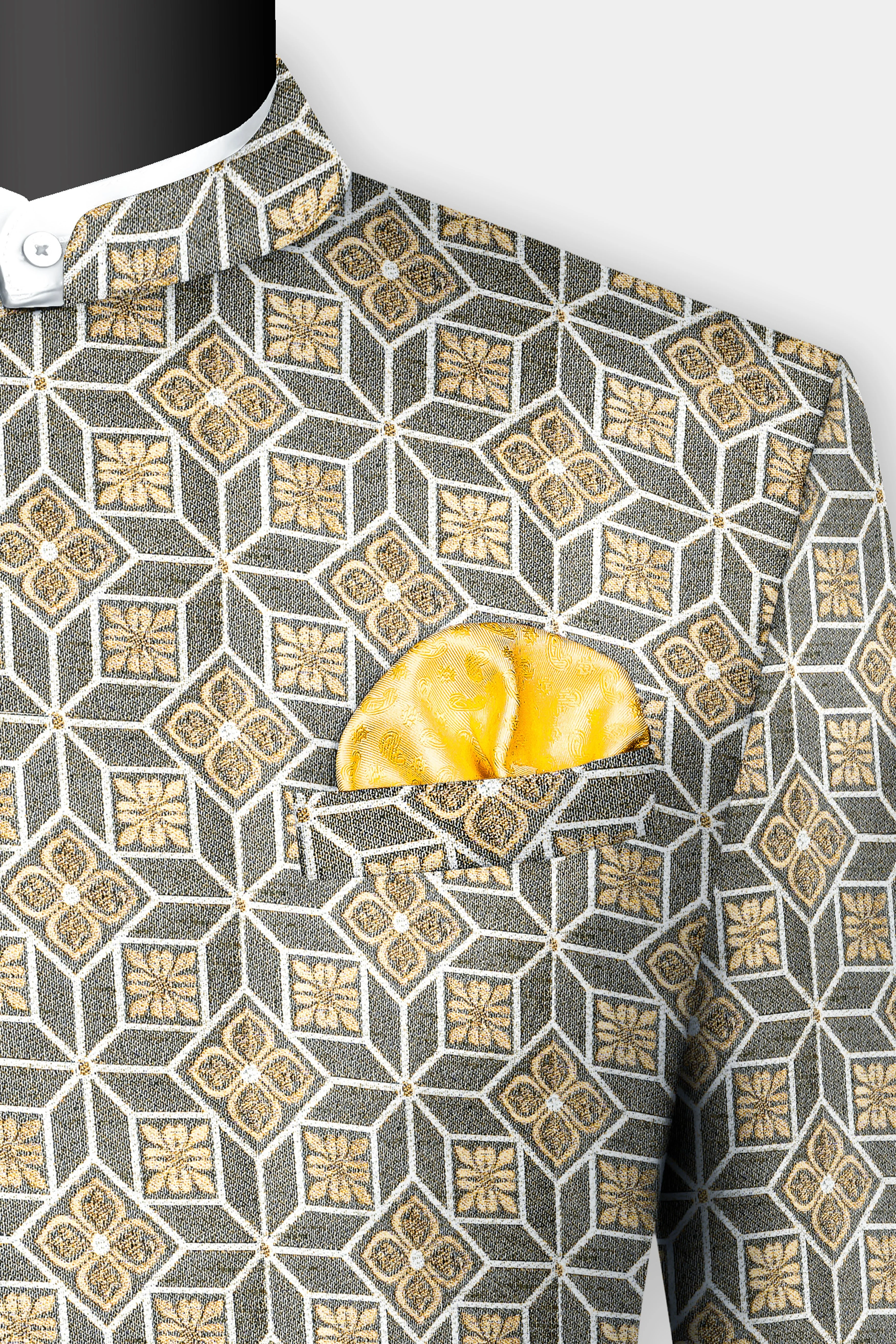 Friar Gray and Pavlova Brown Geometric Pattern Jacquard Weave Cross Placket Bandhgala Jodhpuri - Image 5