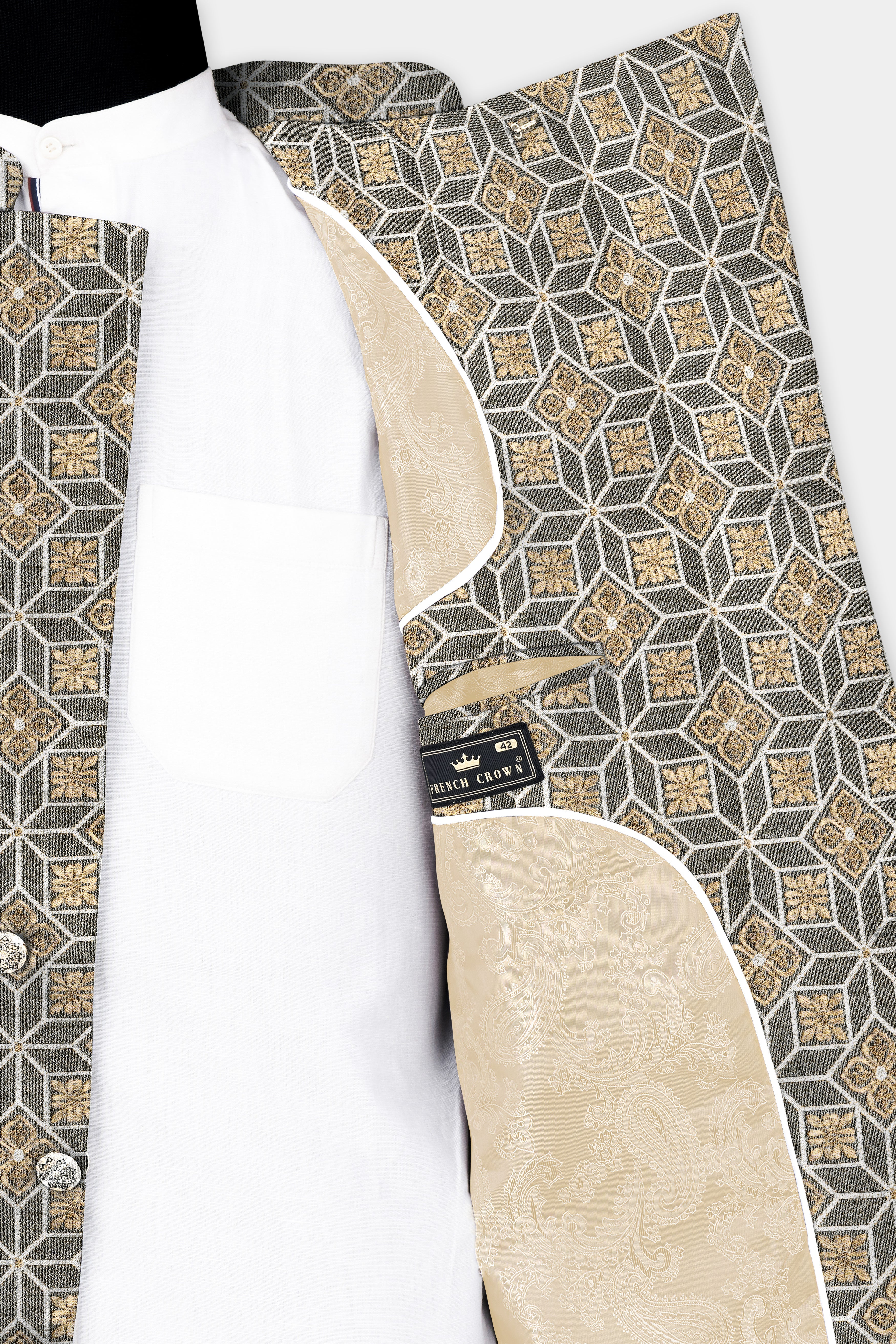 Friar Gray and Pavlova Brown Geometric Pattern Jacquard Weave Cross Placket Bandhgala Jodhpuri - Image 6