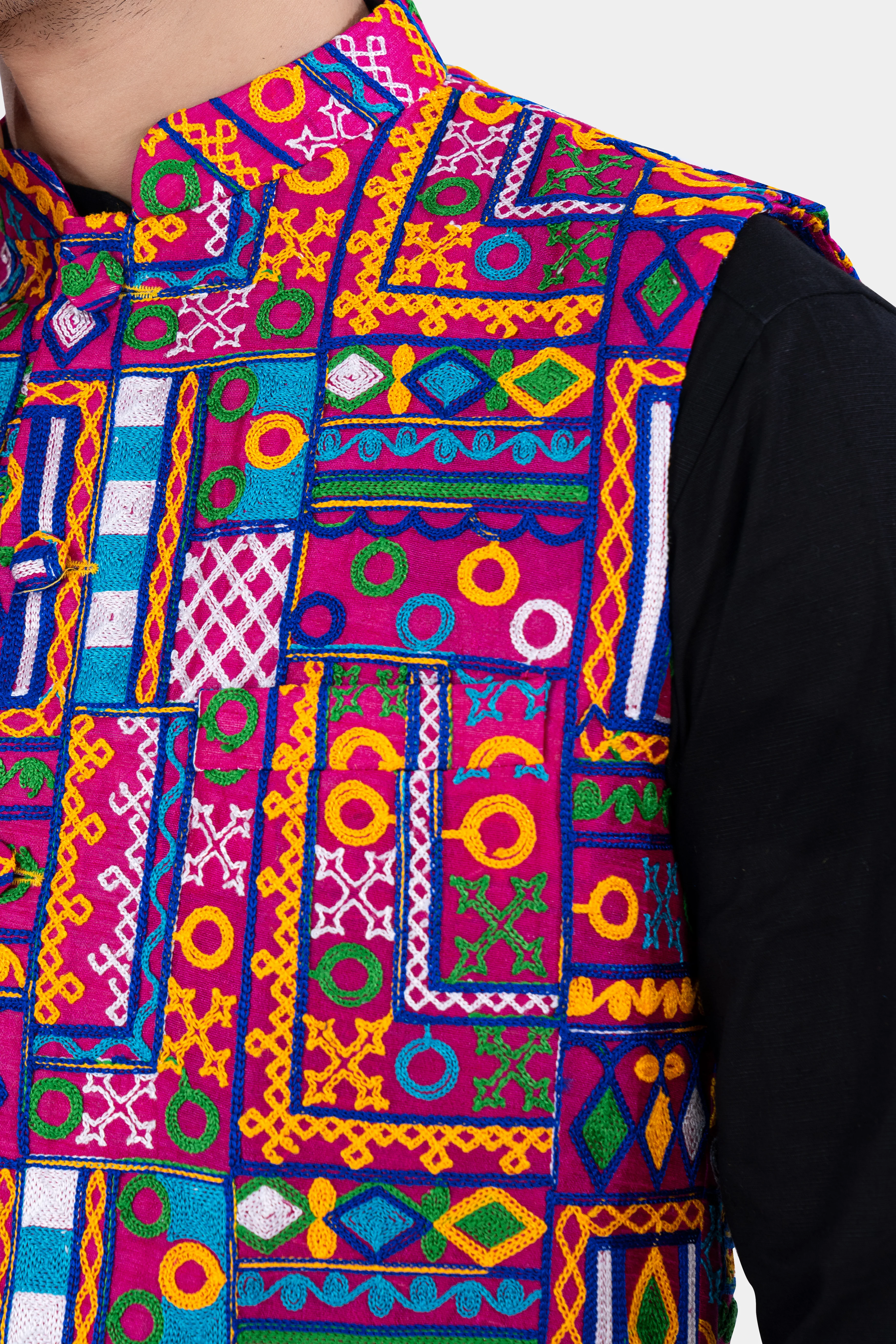 Fuchsia Pink and Smalt Blue Multicolour Cotton Thread Embroidered Nehru Jacket - Image 4