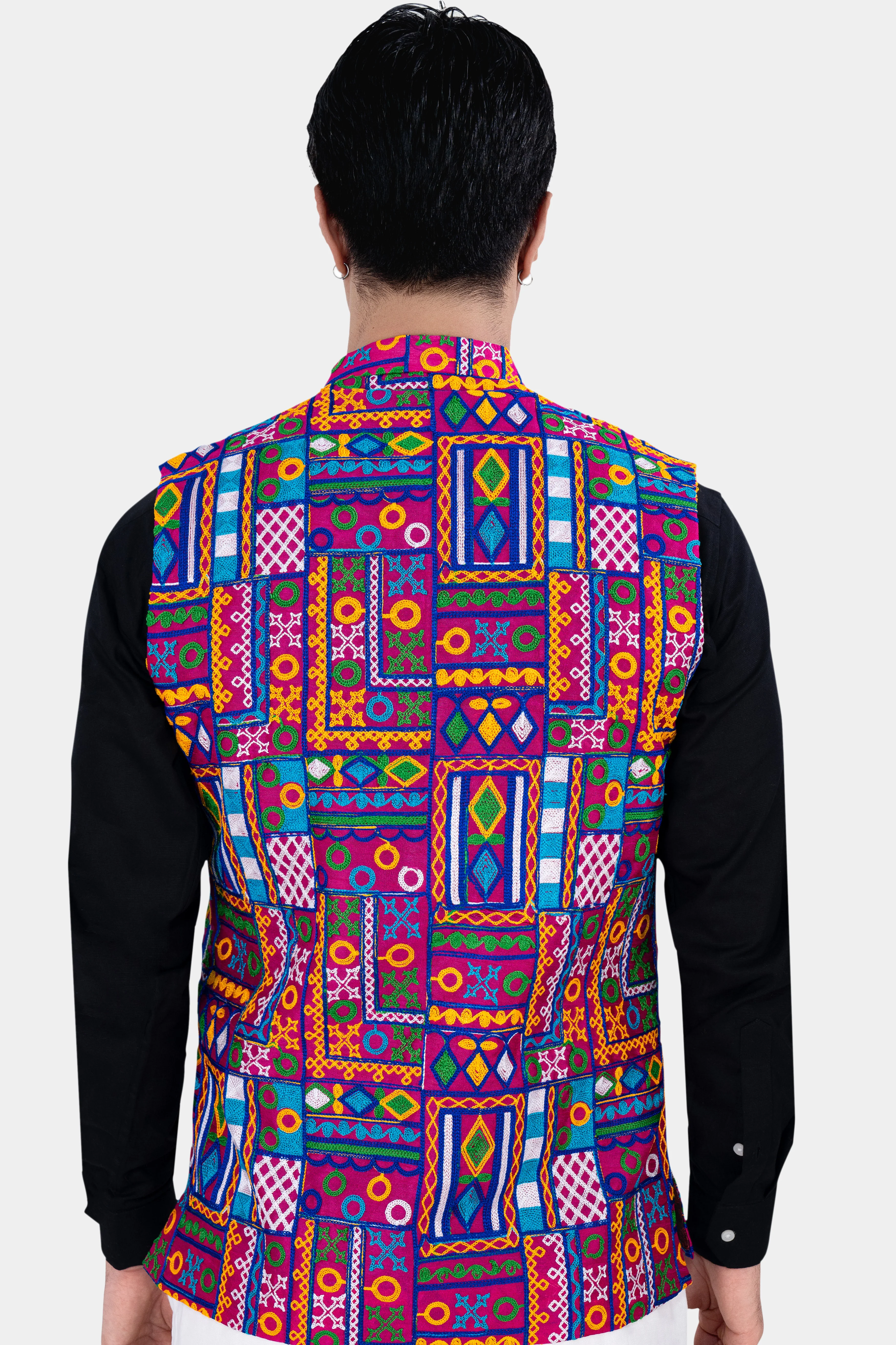 Fuchsia Pink and Smalt Blue Multicolour Cotton Thread Embroidered Nehru Jacket - Image 5