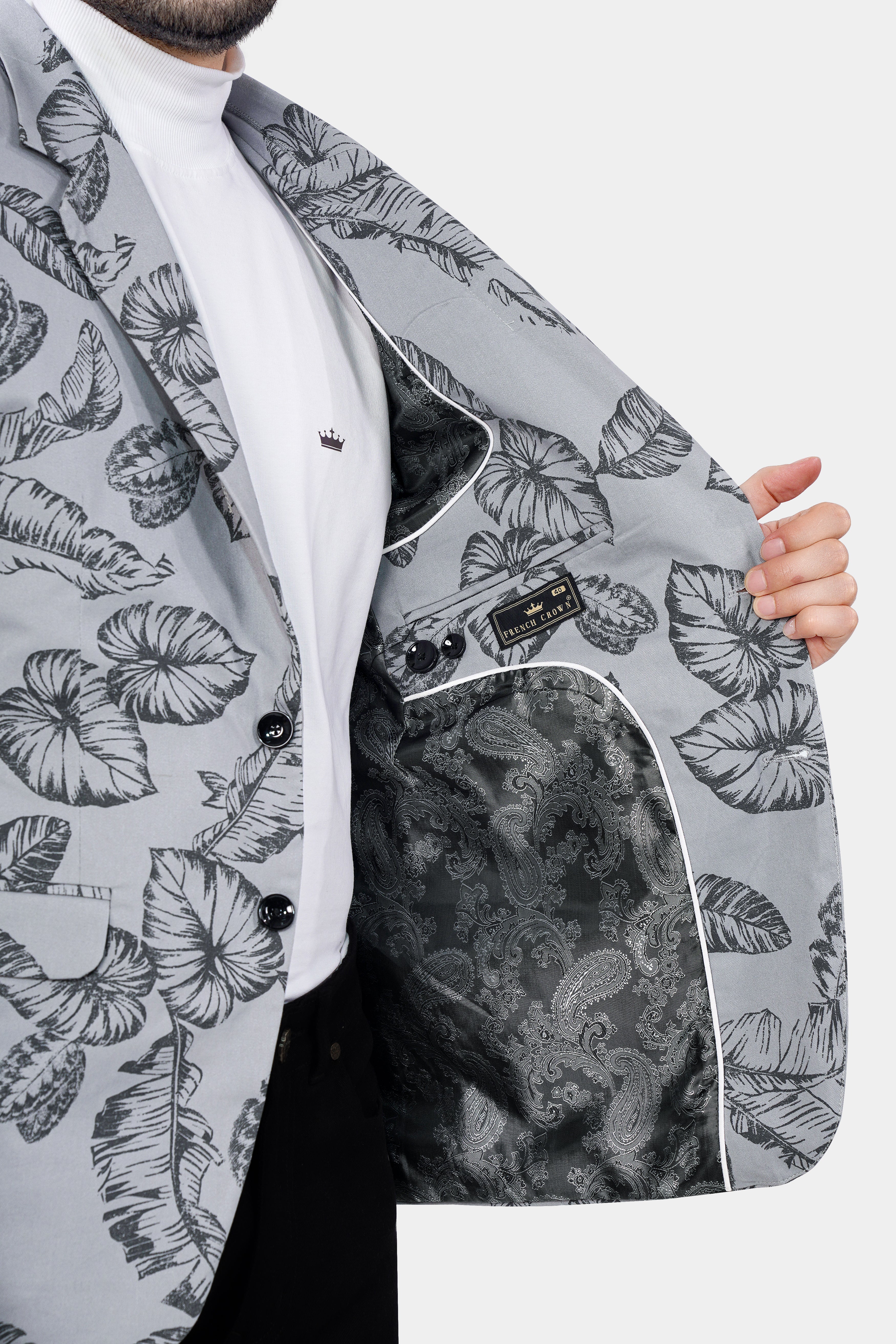 Gainsboro and Comet Gray Leaves Printed Premium Cotton Blazer - Image 4
