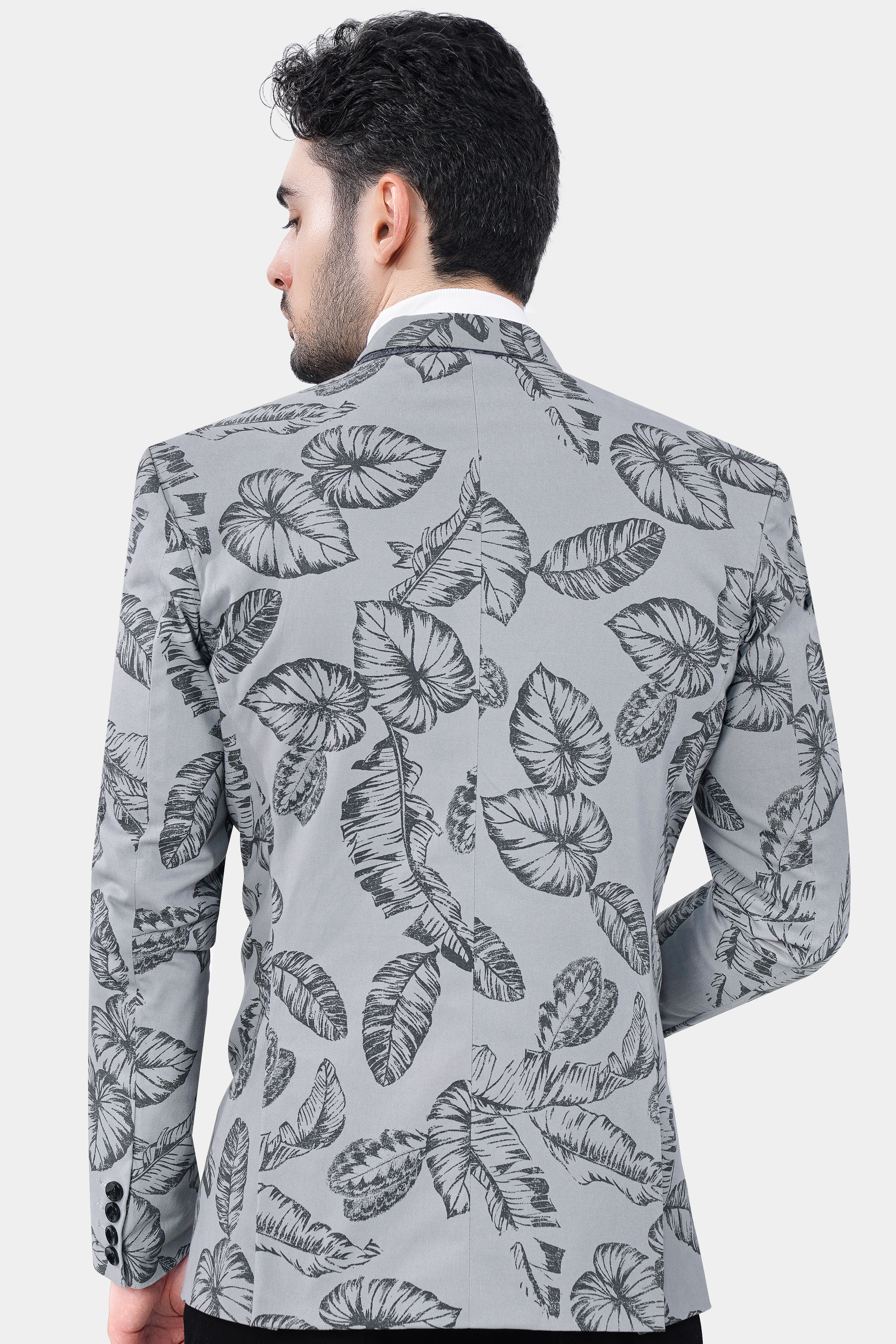 Gainsboro and Comet Gray Leaves Printed Premium Cotton Blazer - Image 5