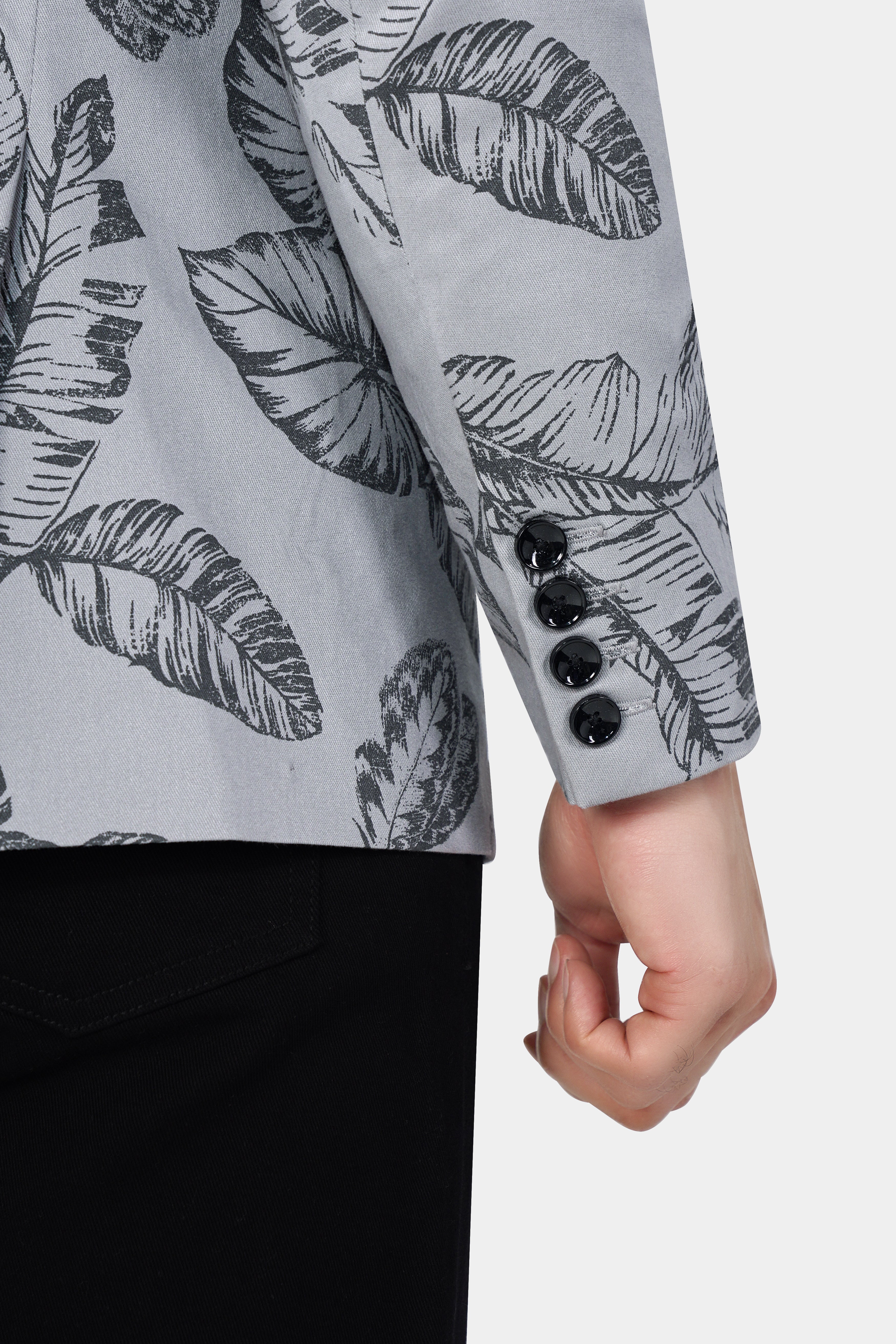 Gainsboro and Comet Gray Leaves Printed Premium Cotton Blazer - Image 6