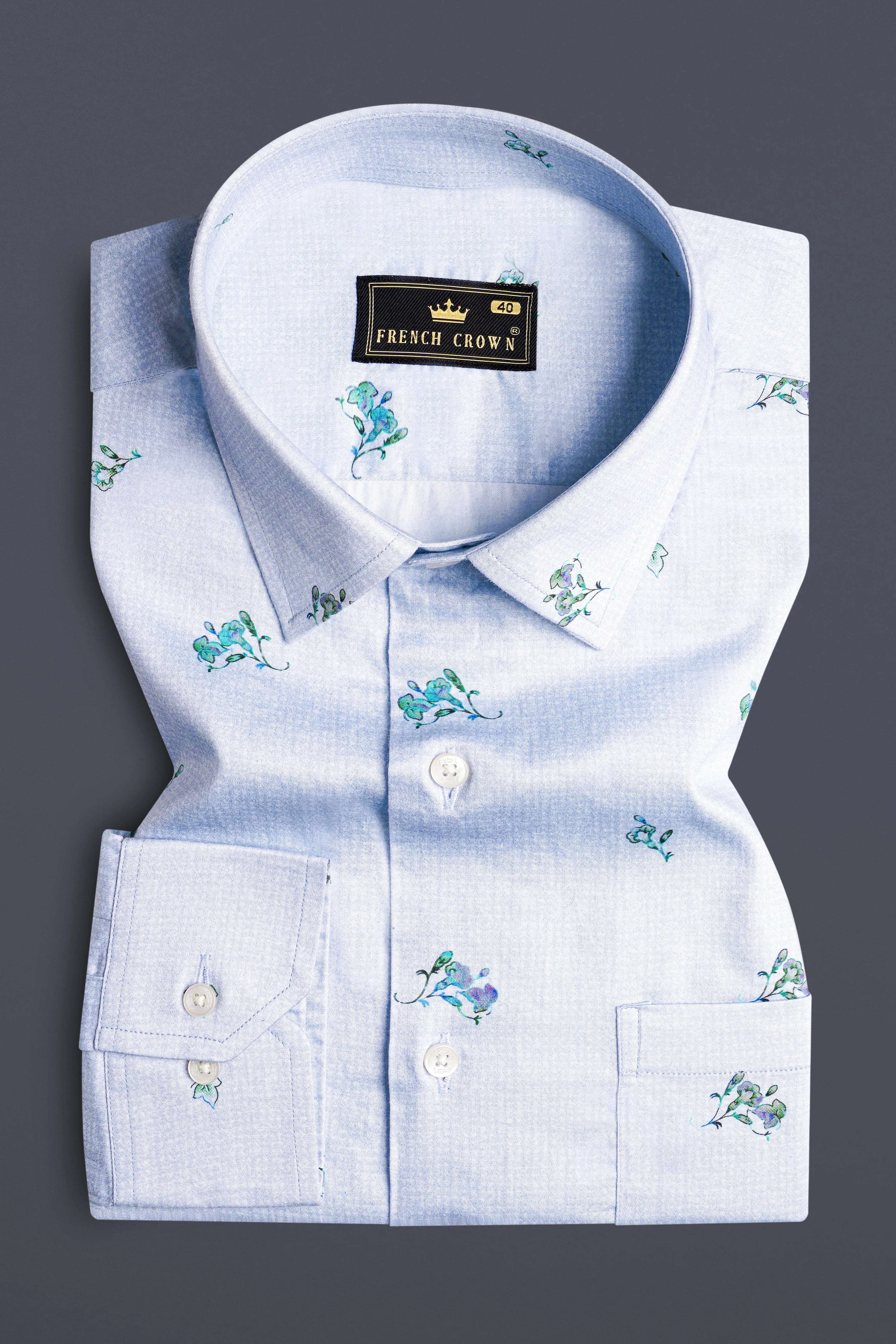 Gainsboro Gray with Wistflul Blue Floral Printed Super Soft Premium Cotton Shirt - Image 3