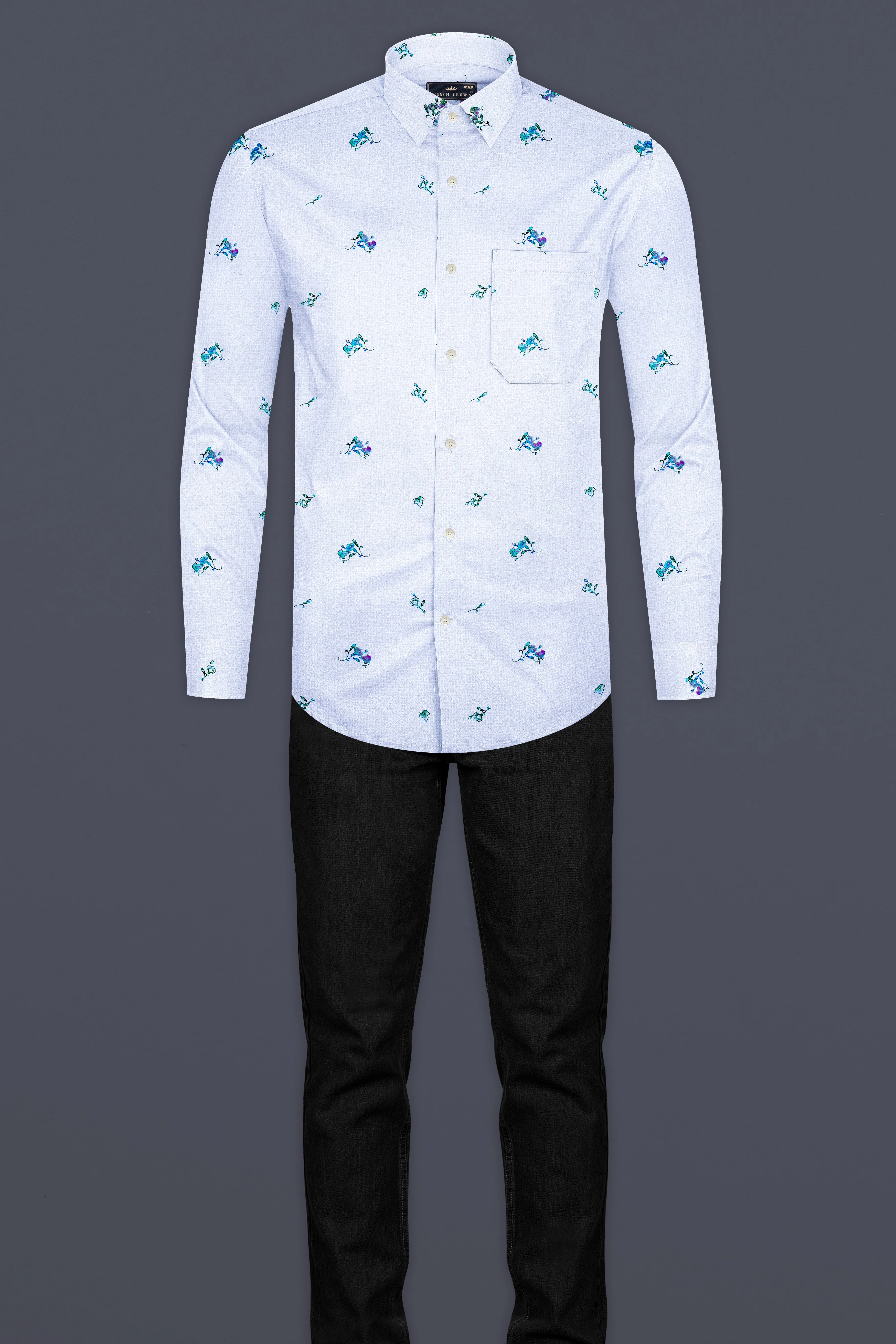 Gainsboro Gray with Wistflul Blue Floral Printed Super Soft Premium Cotton Shirt - Image 6