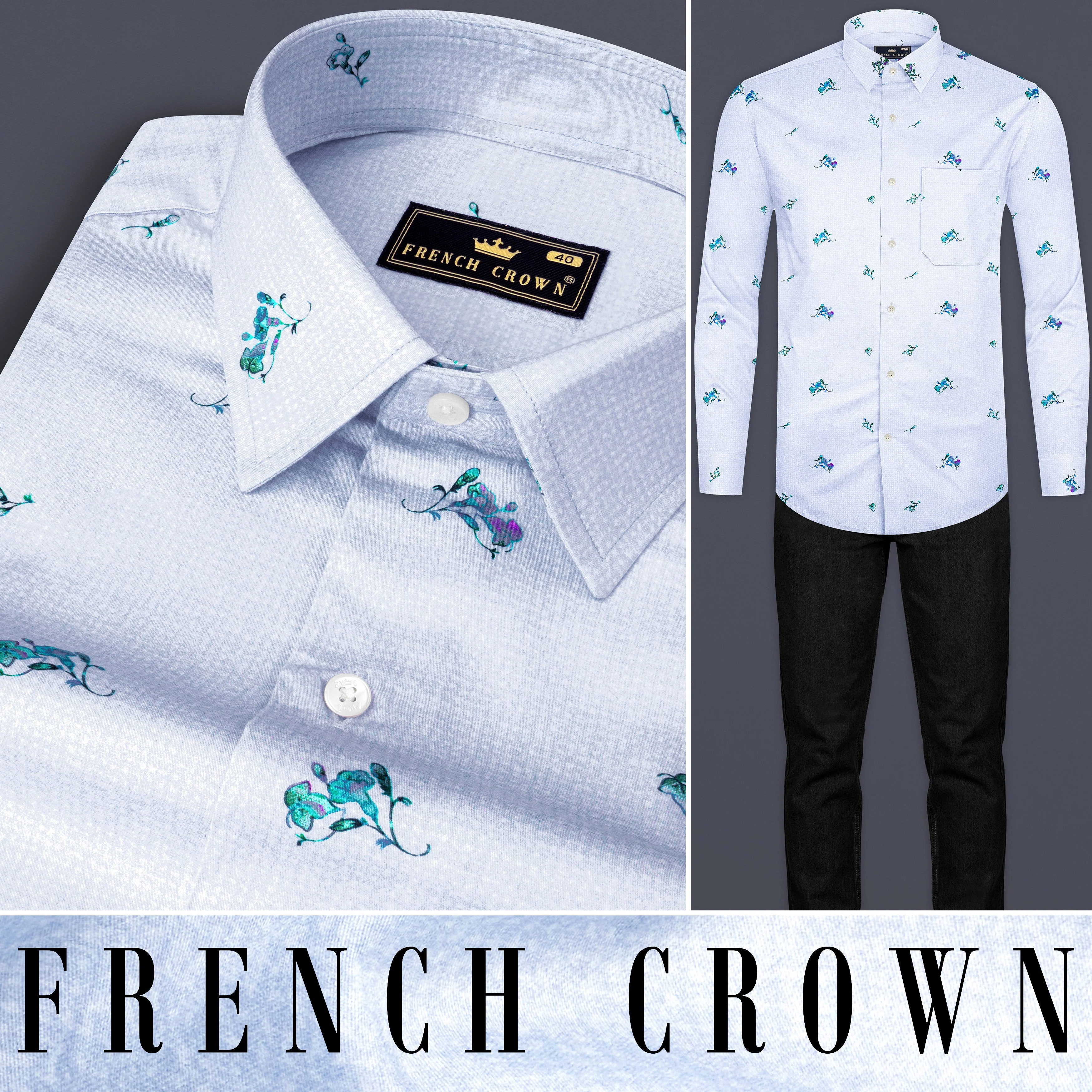 Gainsboro Gray with Wistflul Blue Floral Printed Super Soft Premium Cotton Shirt - Image 8