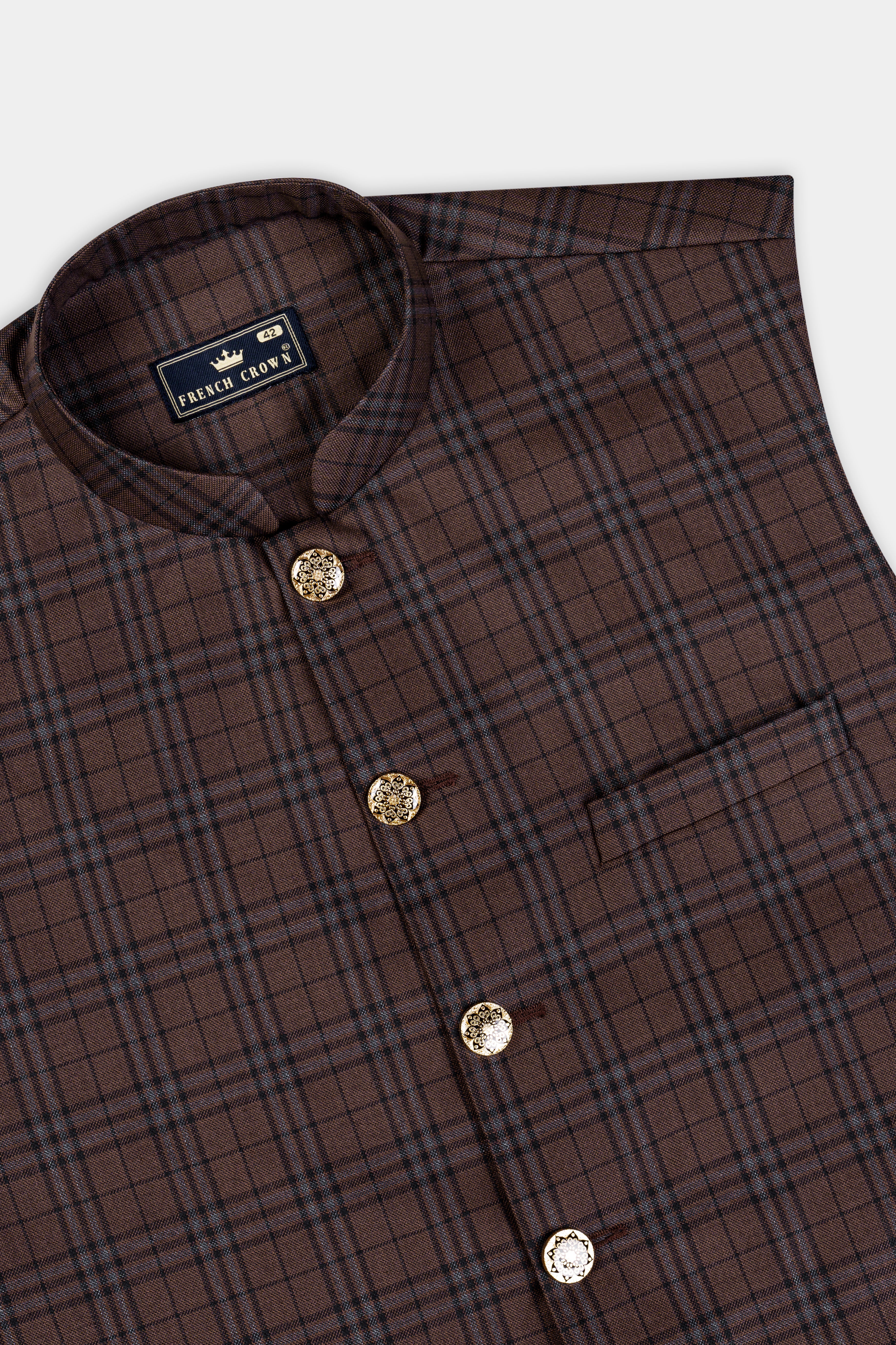 Gingerbread Brown and Haiti Blue Plaid Wool Rich  Nehru Jacket - Image 4