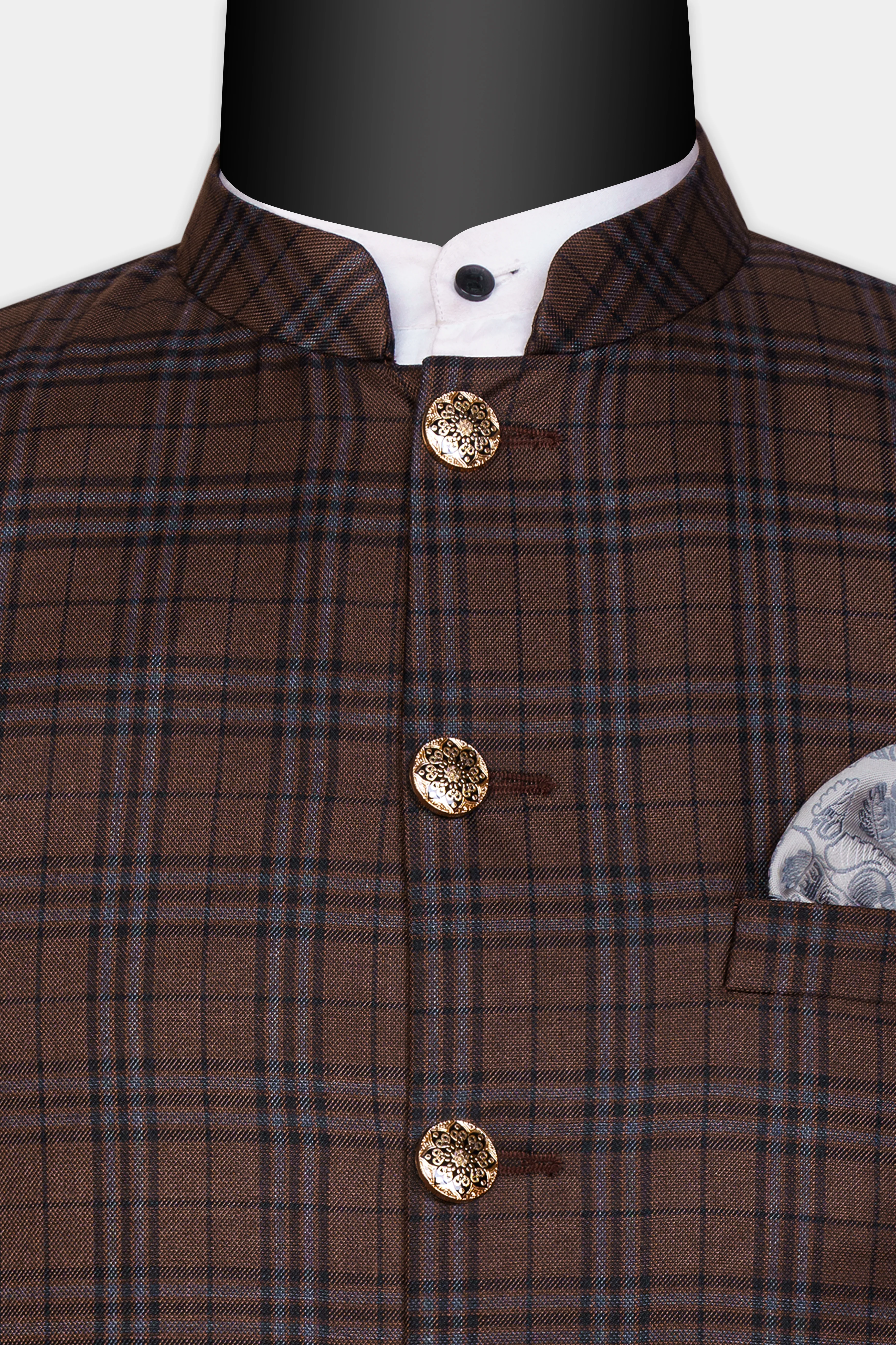 Gingerbread Brown and Haiti Blue Plaid Wool Rich  Nehru Jacket - Image 5