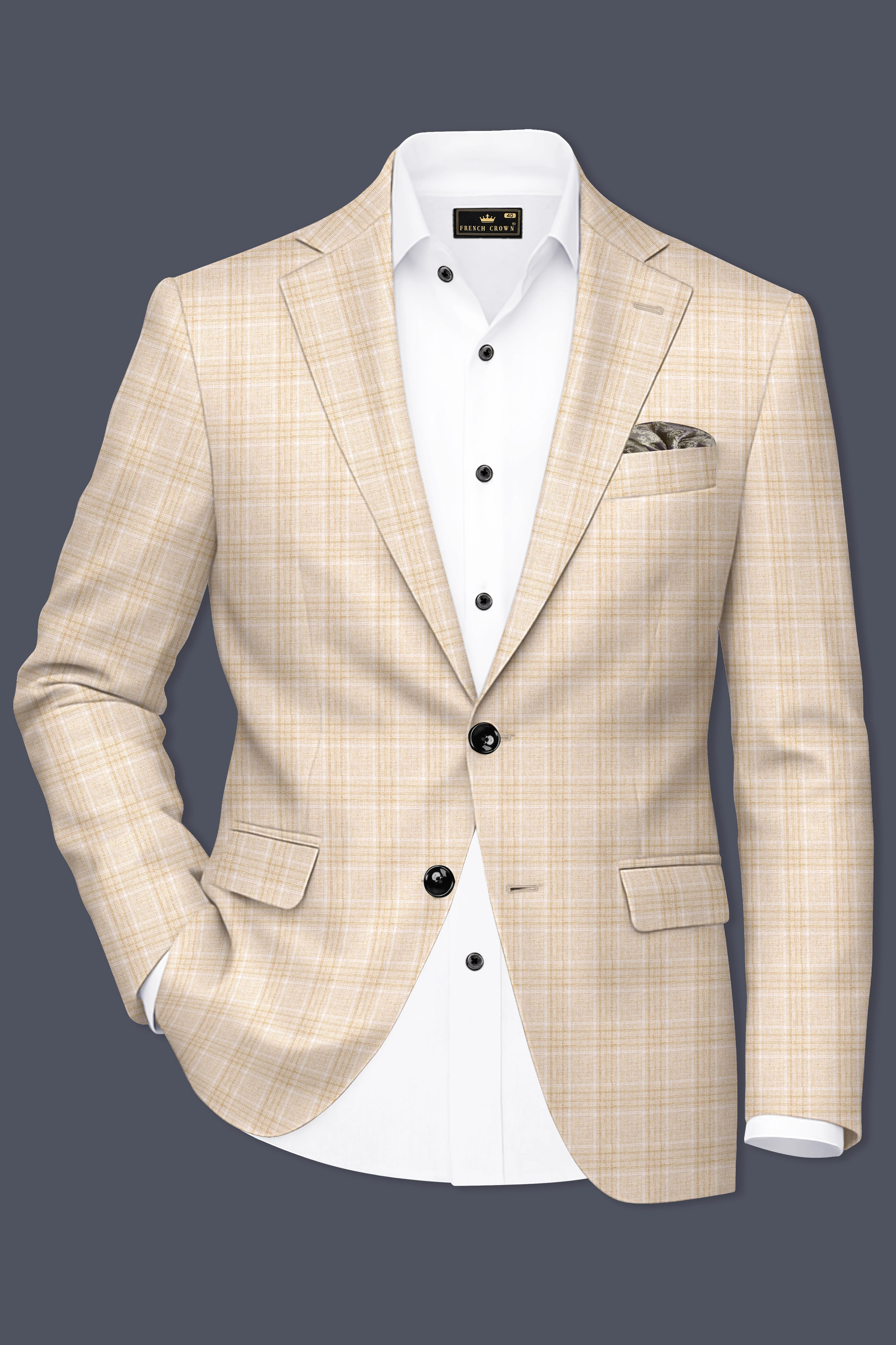 Hampton Beige Wool Rich Plaid Single Breasted Suit - Image 10