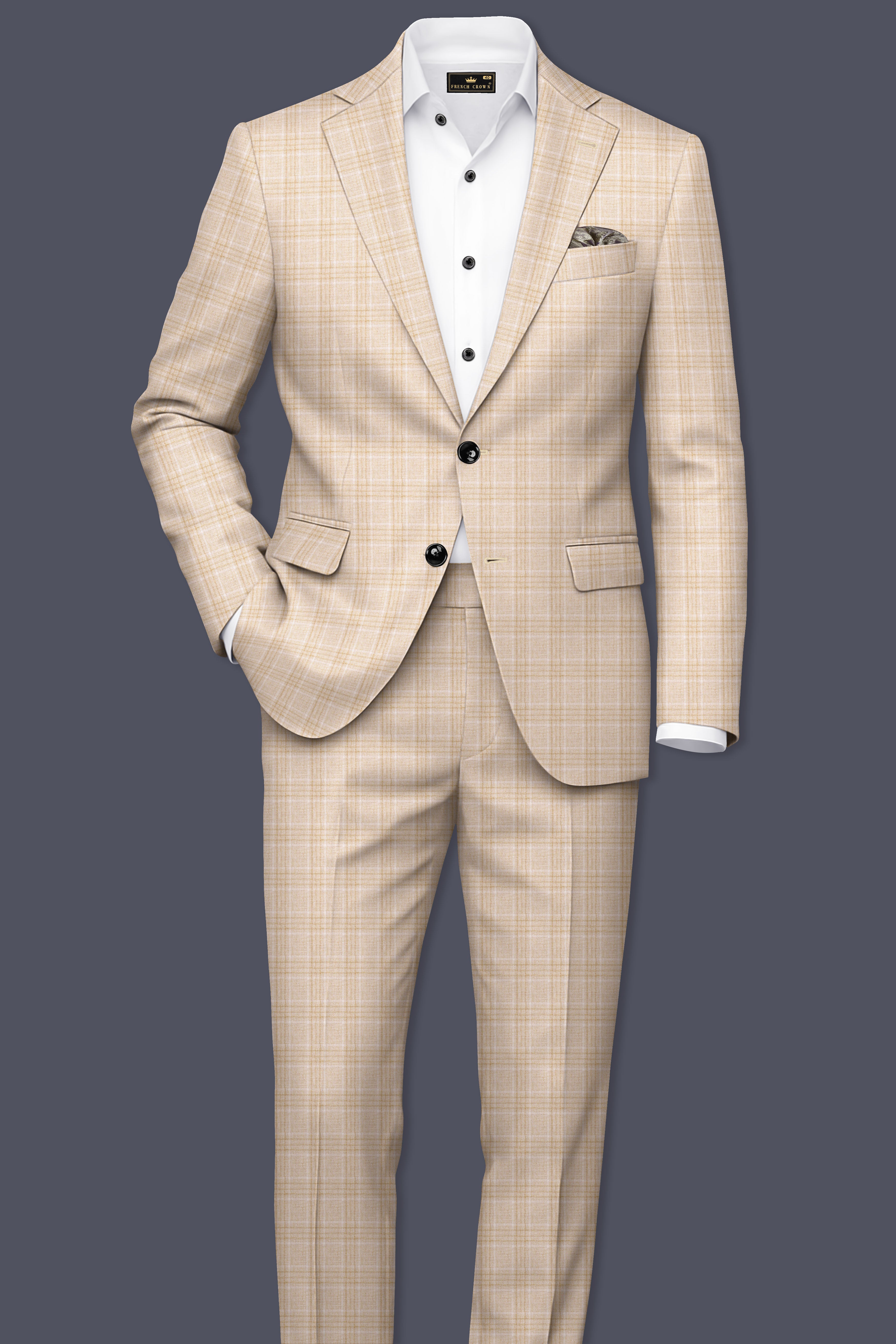 Hampton Beige Wool Rich Plaid Single Breasted Suit - Image 4
