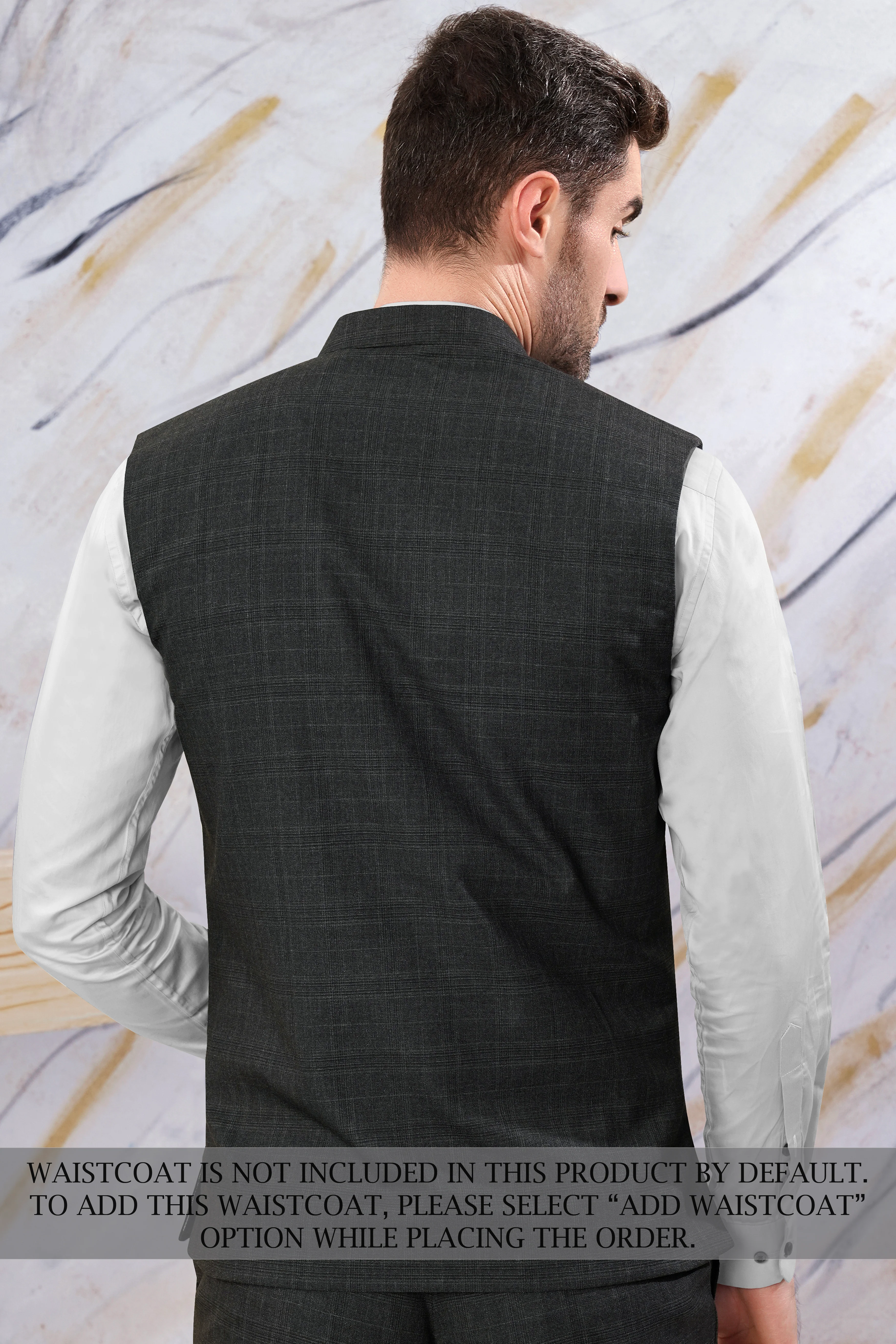 Iridium Gray Subtle Checkered Wool Rich Cross Placket Bandhgala Suit - Image 10
