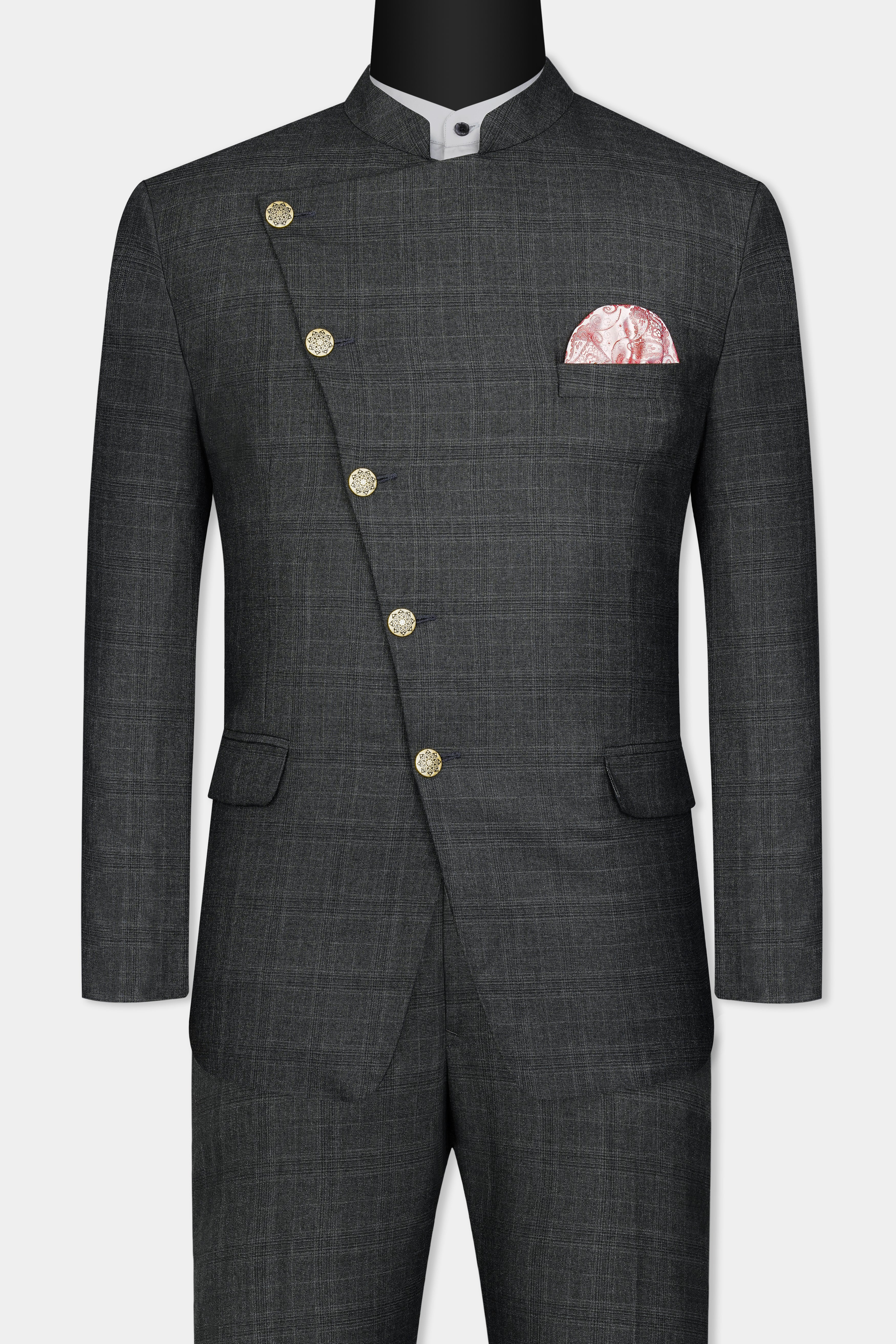 Iridium Gray Subtle Checkered Wool Rich Cross Placket Bandhgala Suit - Image 11