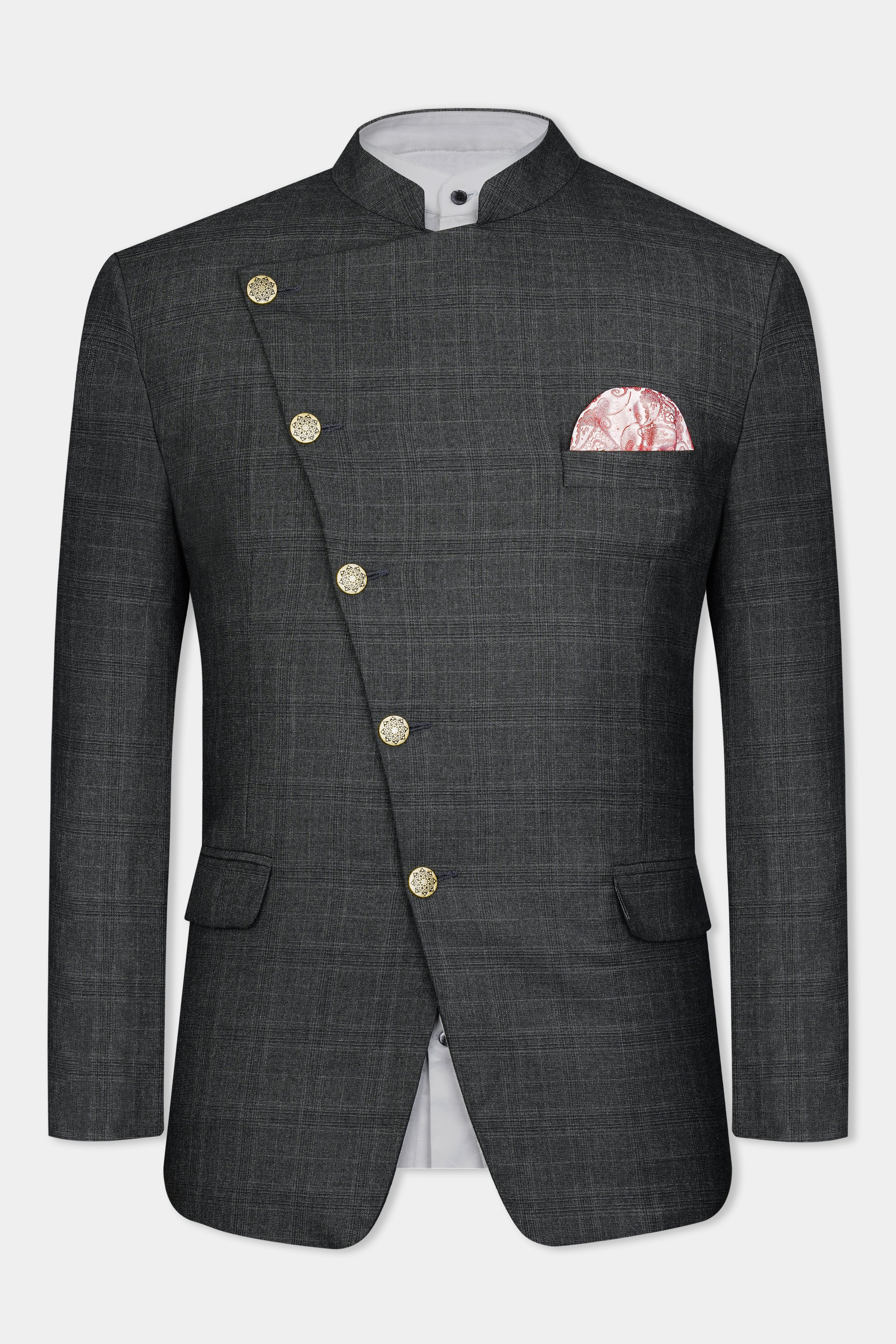 Iridium Gray Subtle Checkered Wool Rich Cross Placket Bandhgala Suit - Image 12