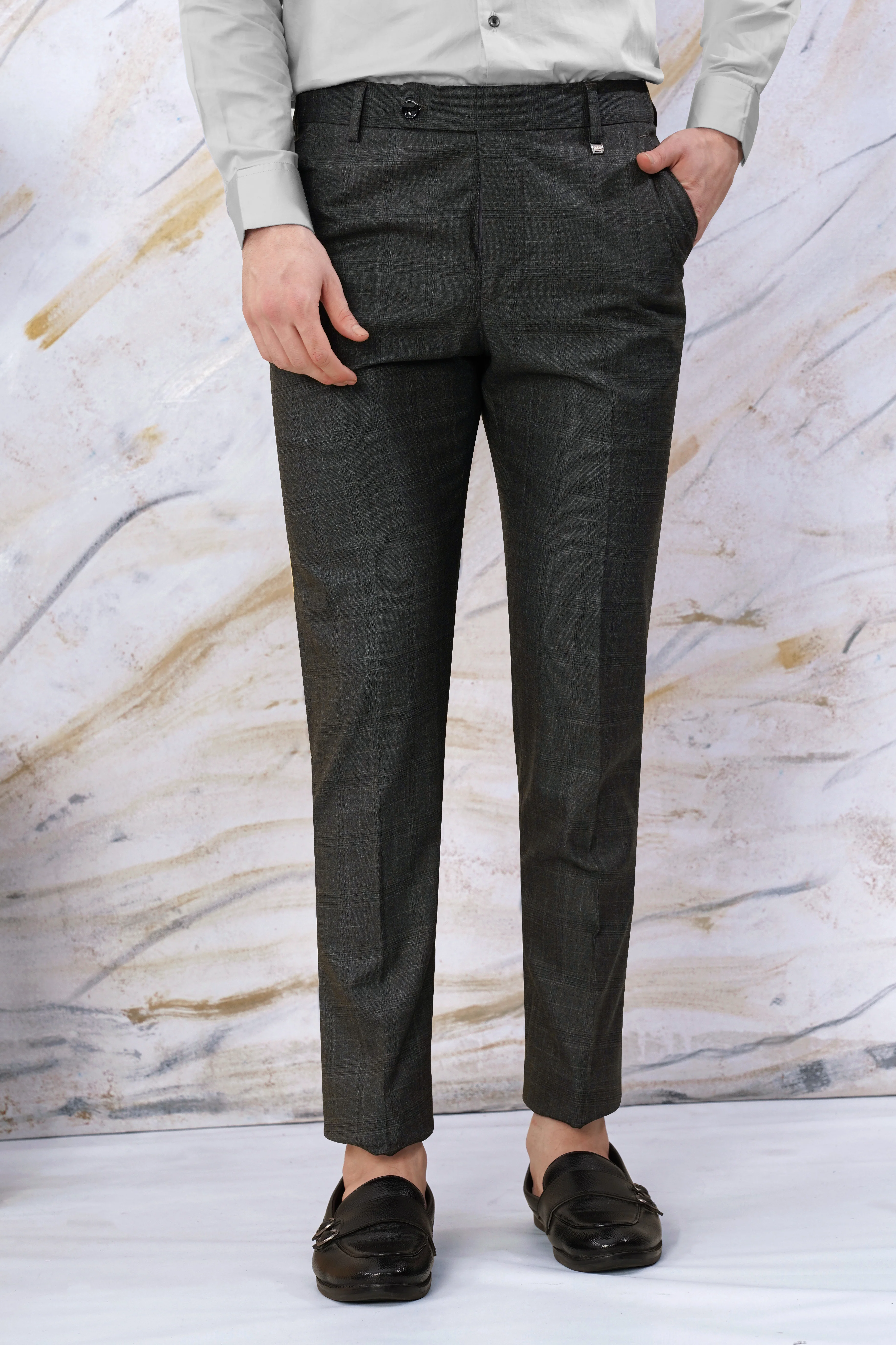 Iridium Gray Subtle Checkered Wool Rich Cross Placket Bandhgala Suit - Image 6
