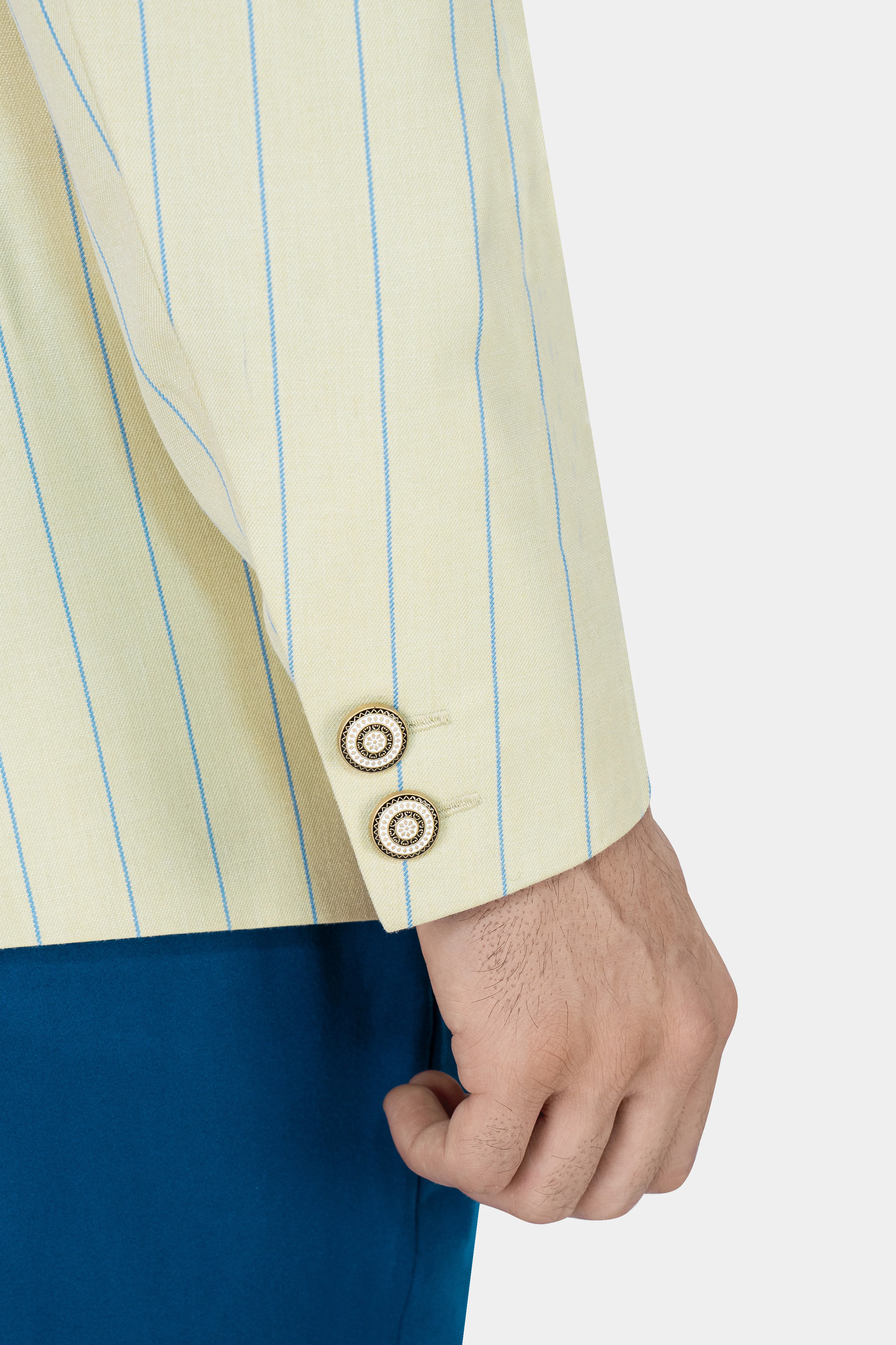 Ivory Cream with Celestial Blue Striped Wool Rich Bandhgala Blazer - Image 4