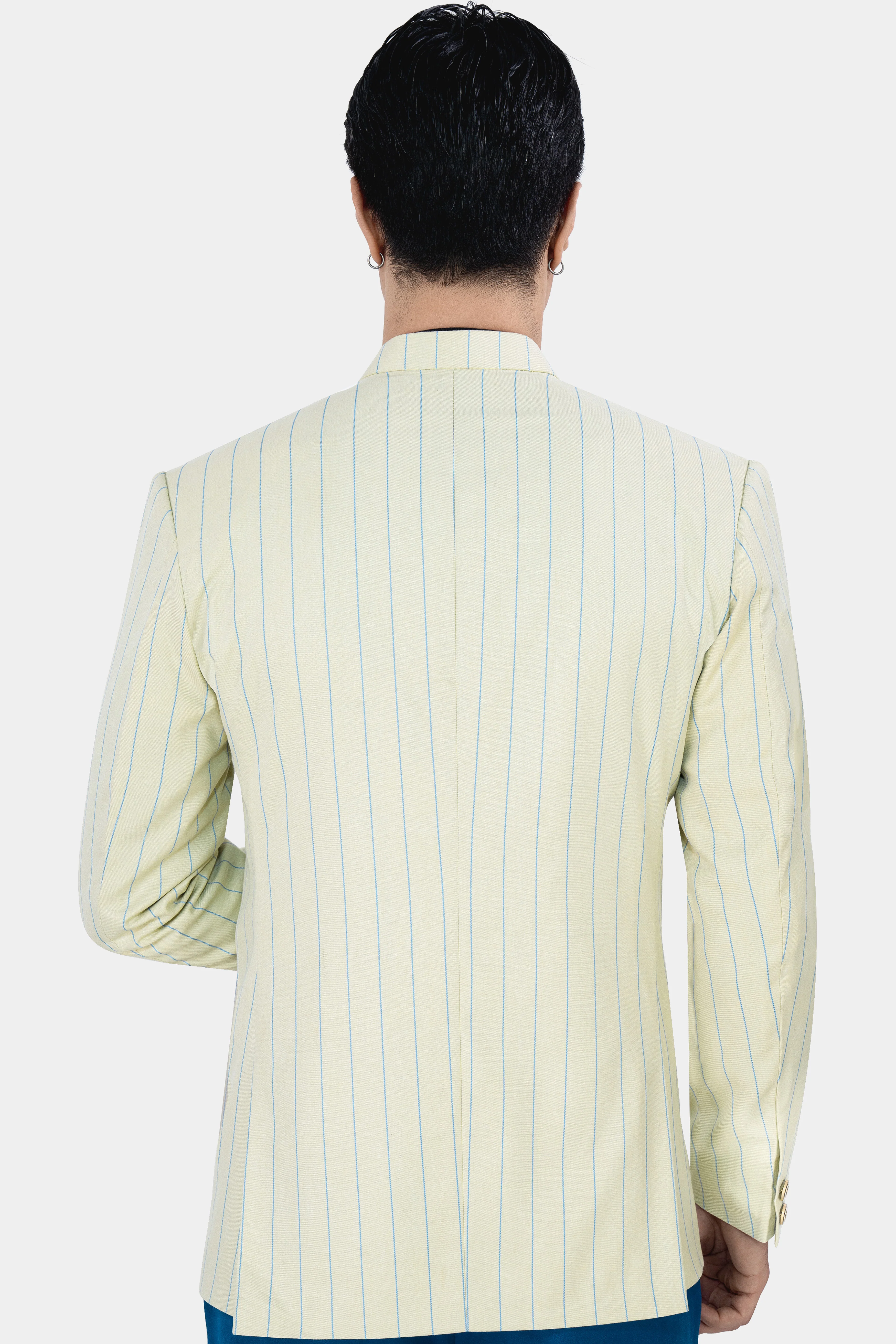 Ivory Cream with Celestial Blue Striped Wool Rich Bandhgala Blazer - Image 5