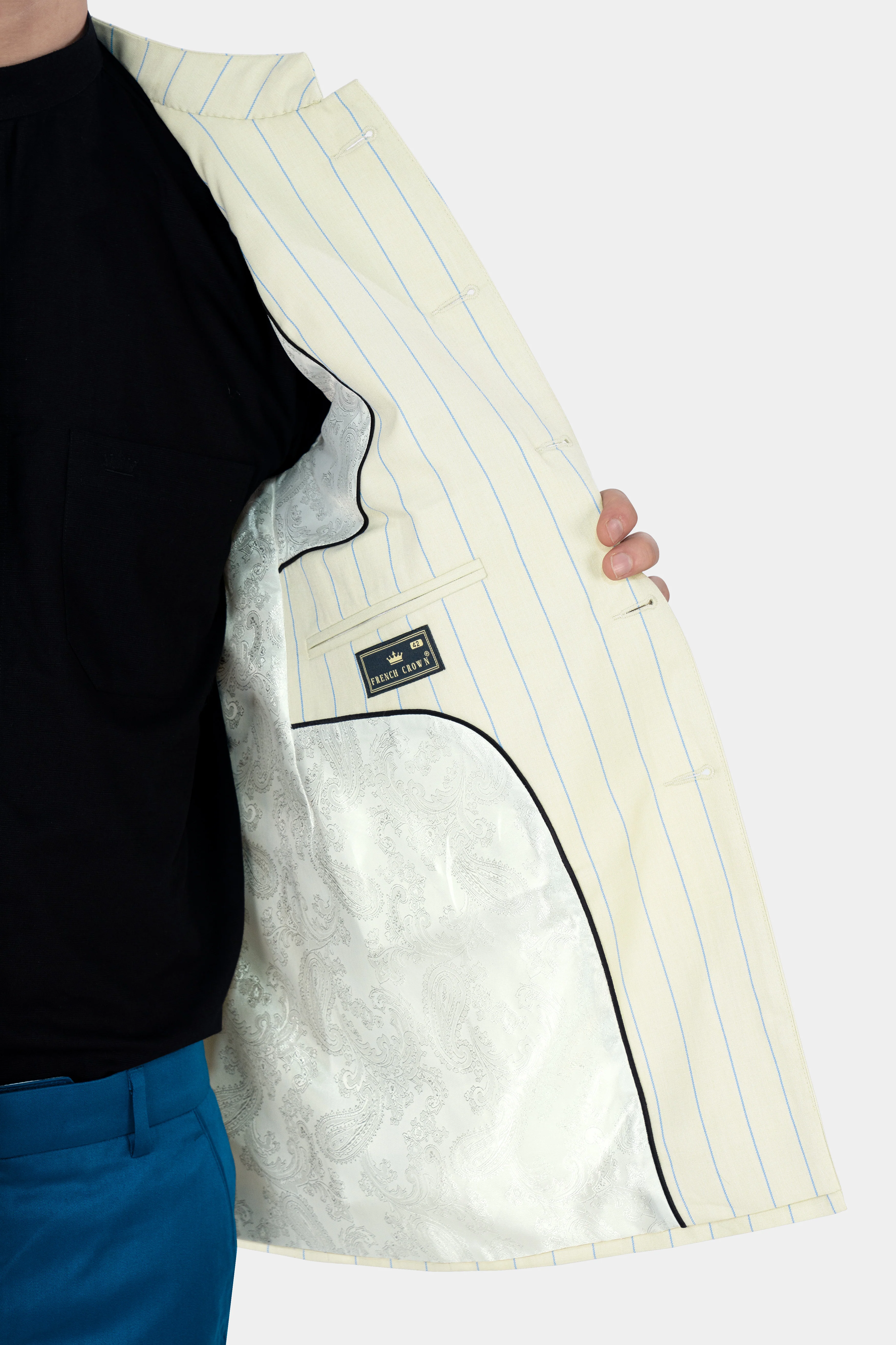 Ivory Cream with Celestial Blue Striped Wool Rich Bandhgala Blazer - Image 6