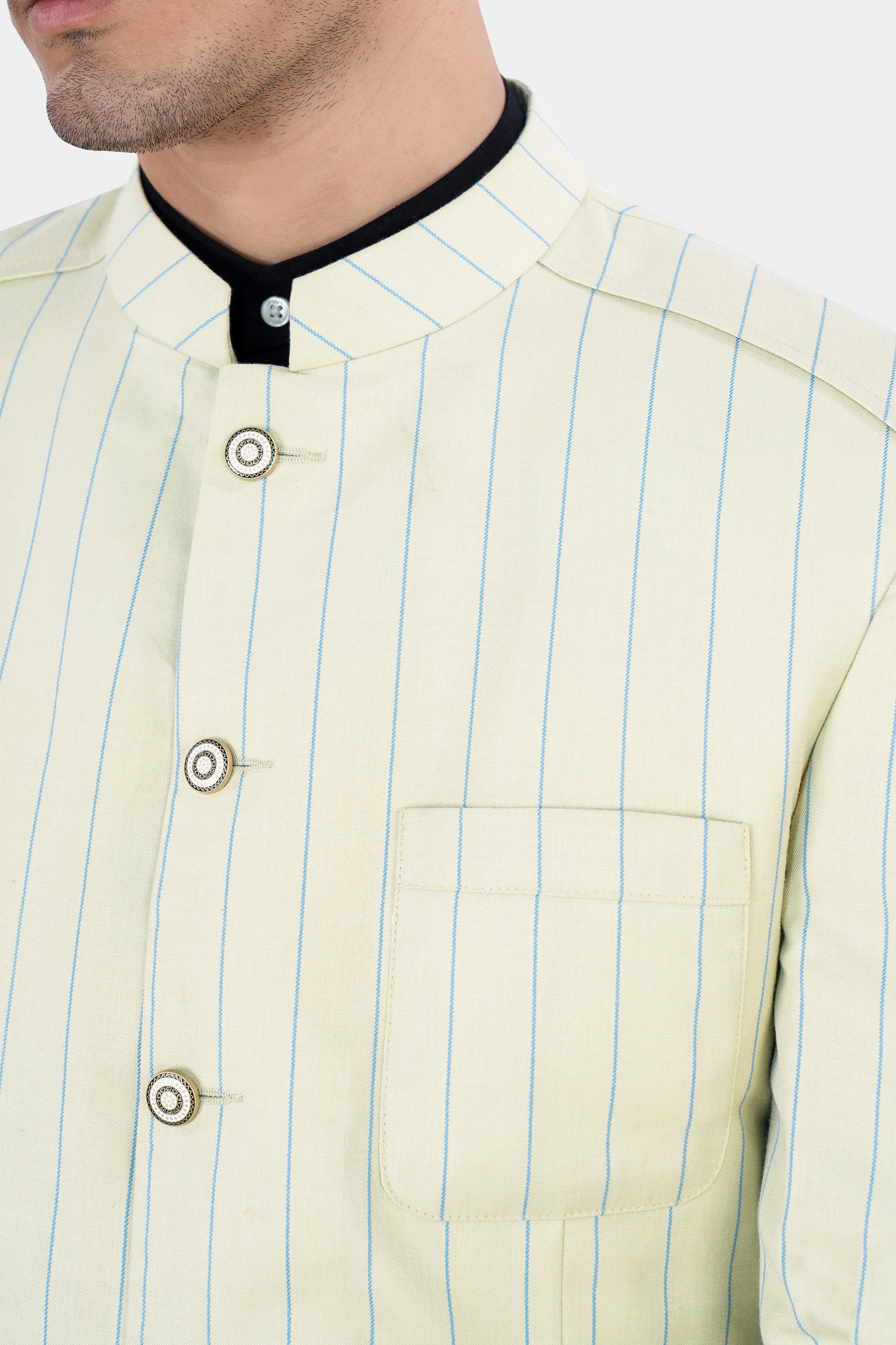 Ivory Cream with Celestial Blue Striped Wool Rich Bandhgala Blazer - Image 7