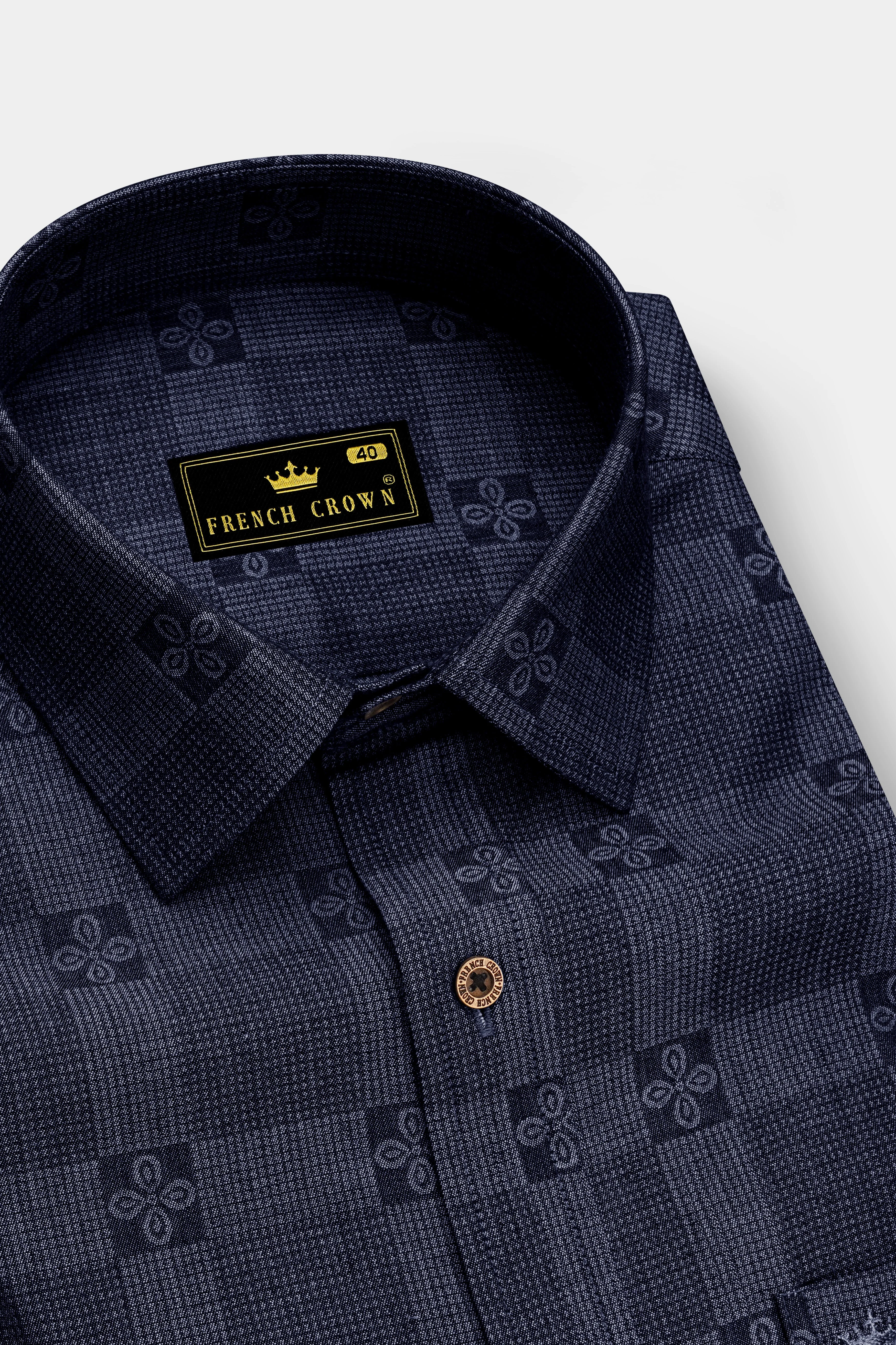 Jacrosa-Midnight Denim Blue Floral Check Jacquard Textured Super Soft Premium Cotton Casual Shirt - Image 2
