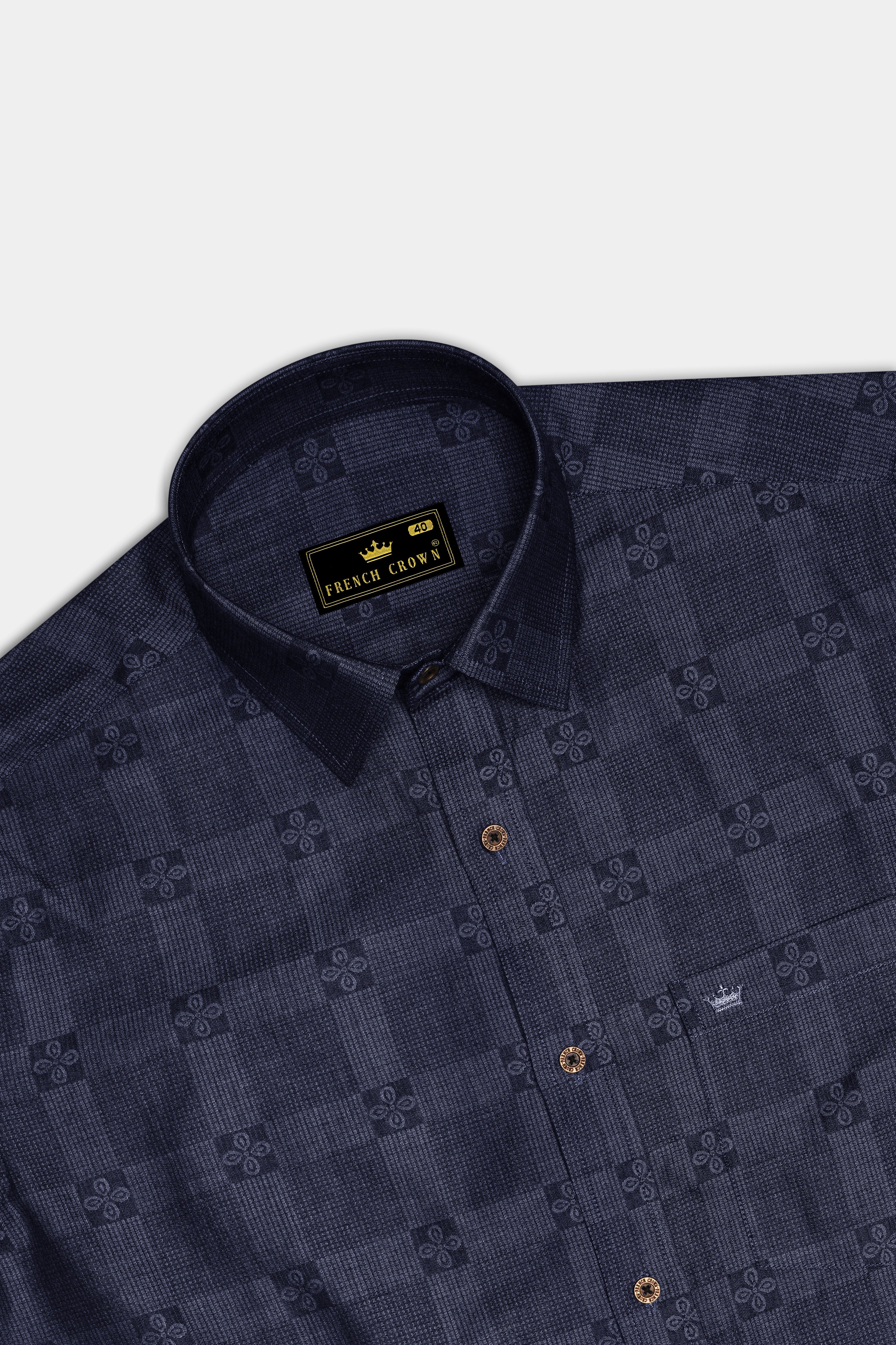 Jacrosa-Midnight Denim Blue Floral Check Jacquard Textured Super Soft Premium Cotton Casual Shirt - Image 5
