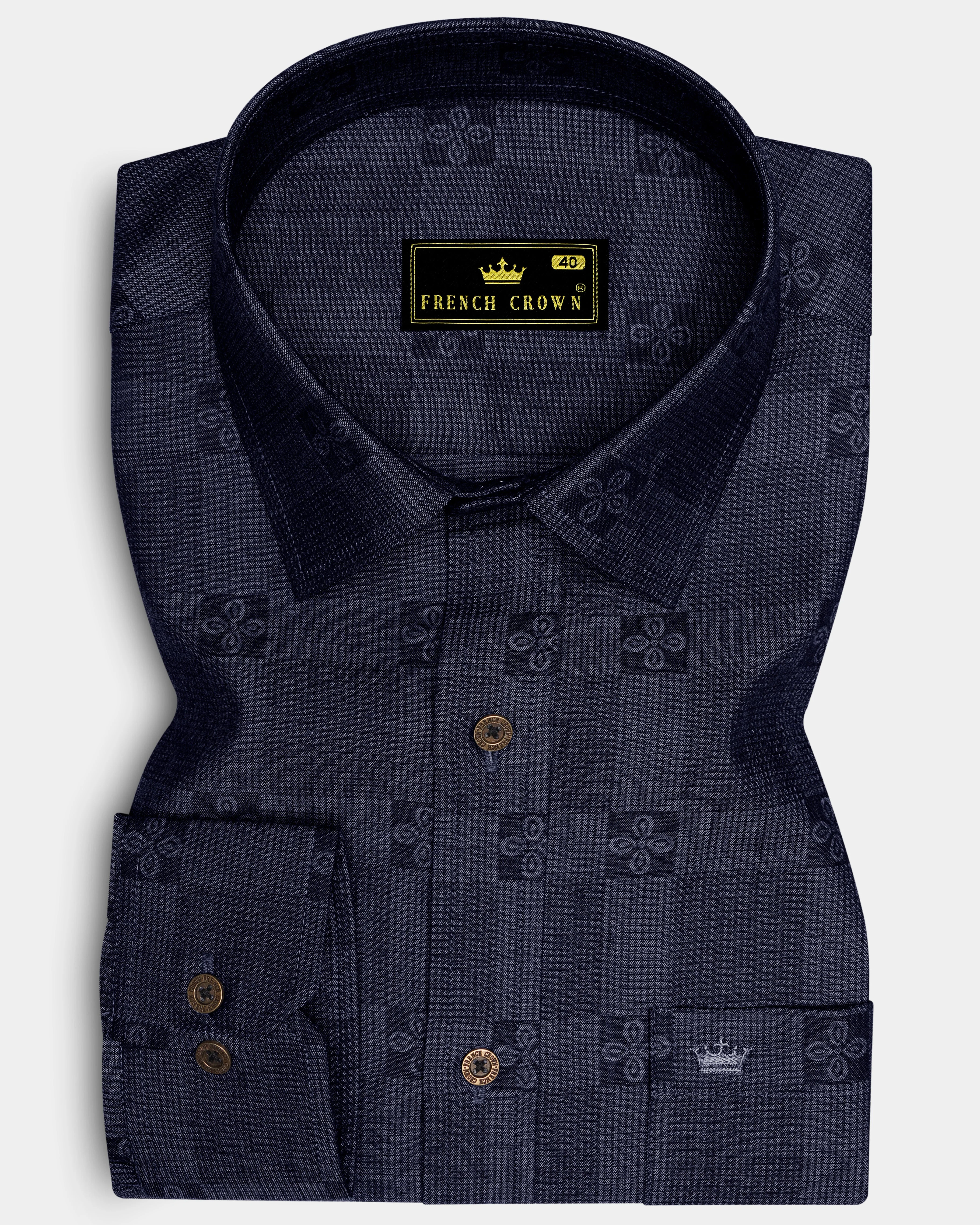 Jacrosa-Midnight Denim Blue Floral Check Jacquard Textured Super Soft Premium Cotton Casual Shirt - Image 6