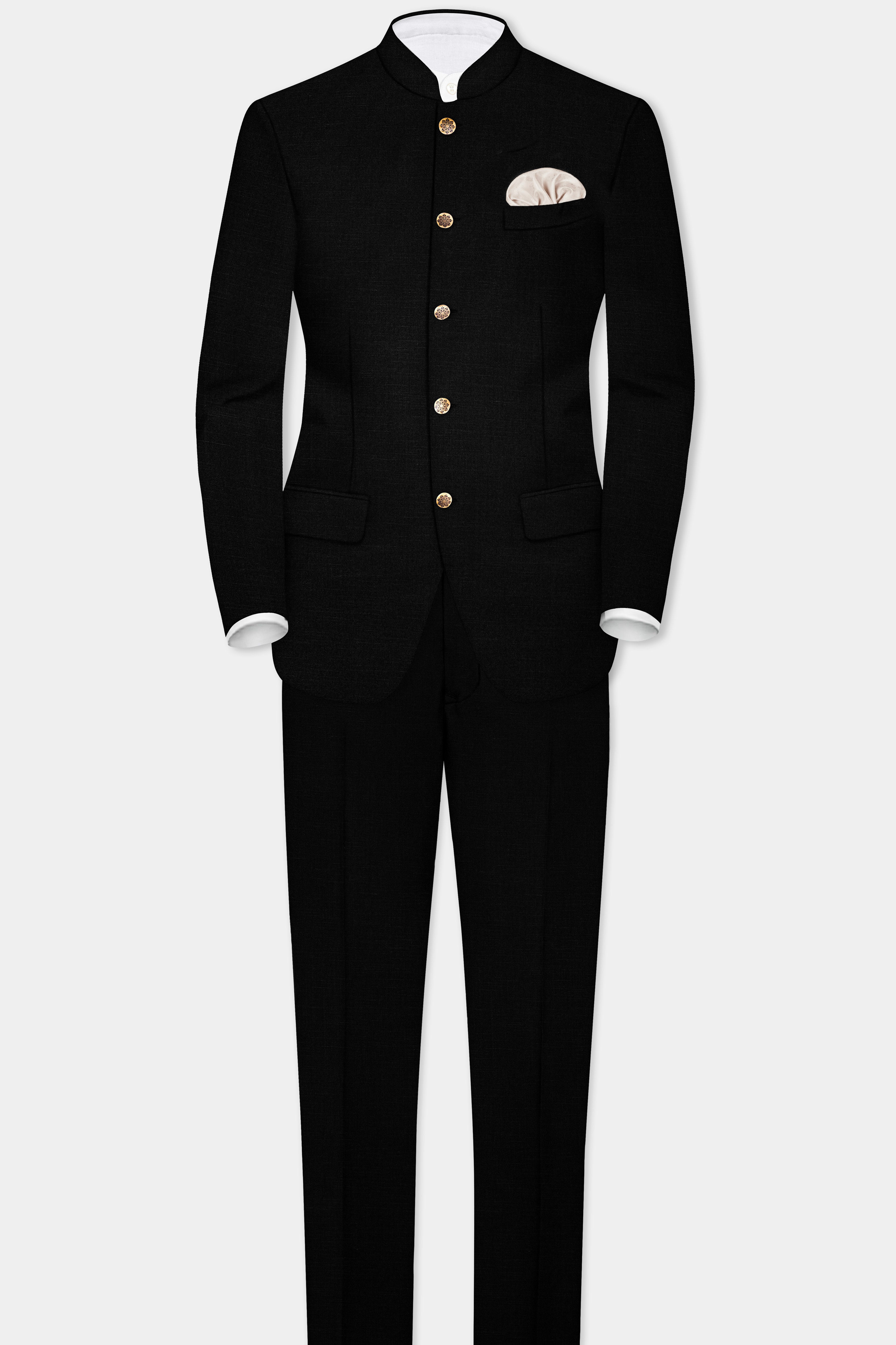 Jade Black Stretchable Subtle Sheen Bandhgala/Mandarin Wool blend Blazer - Image 7