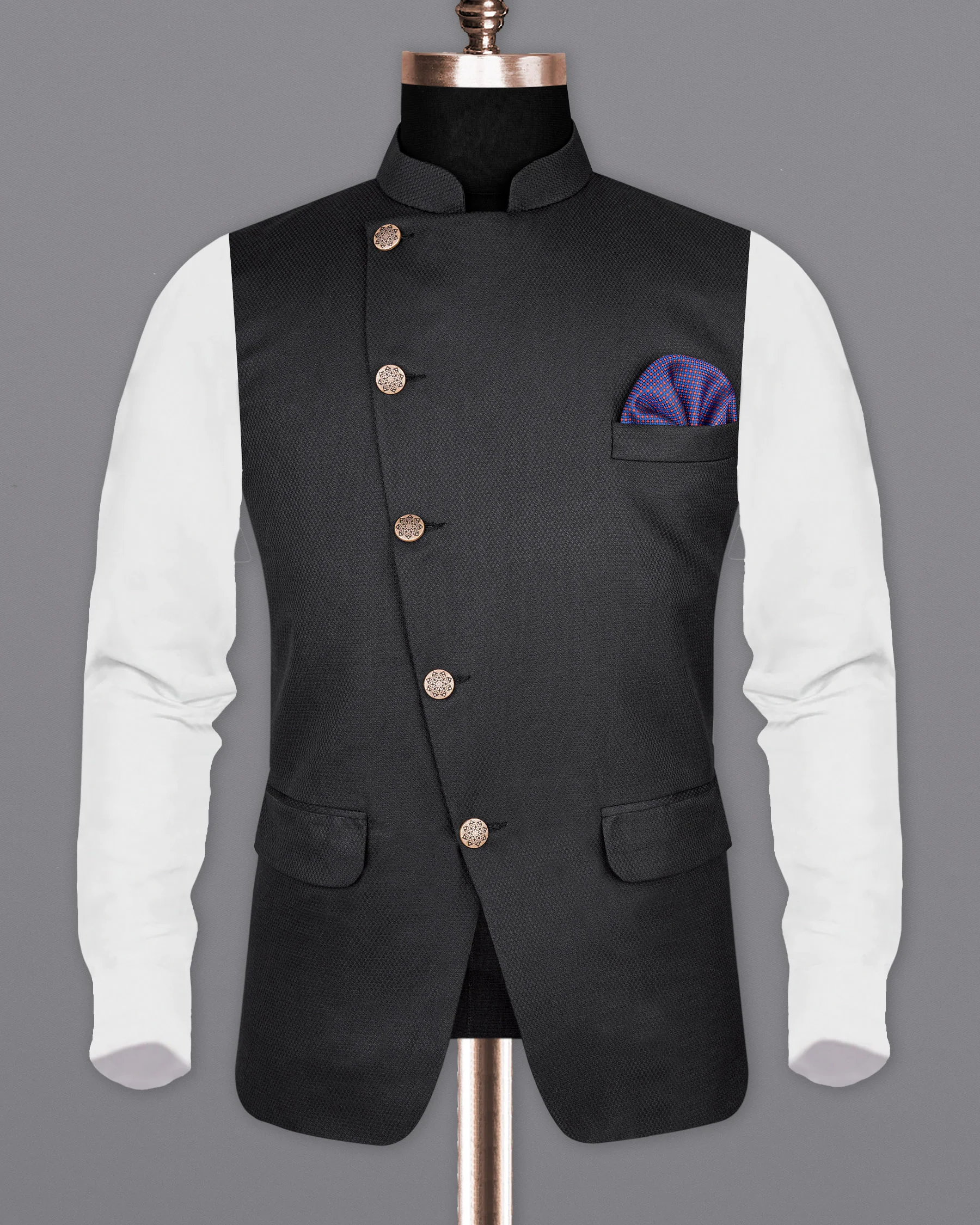 Jade Black Diamond textured Cross Placket Nehru Jacket - Image 5