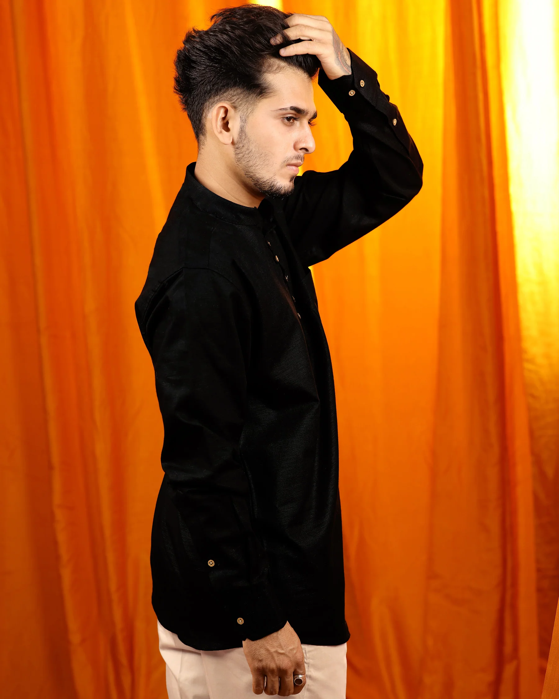 Jade Black Indian Kurta Style Luxurious Linen Shirt - Image 9