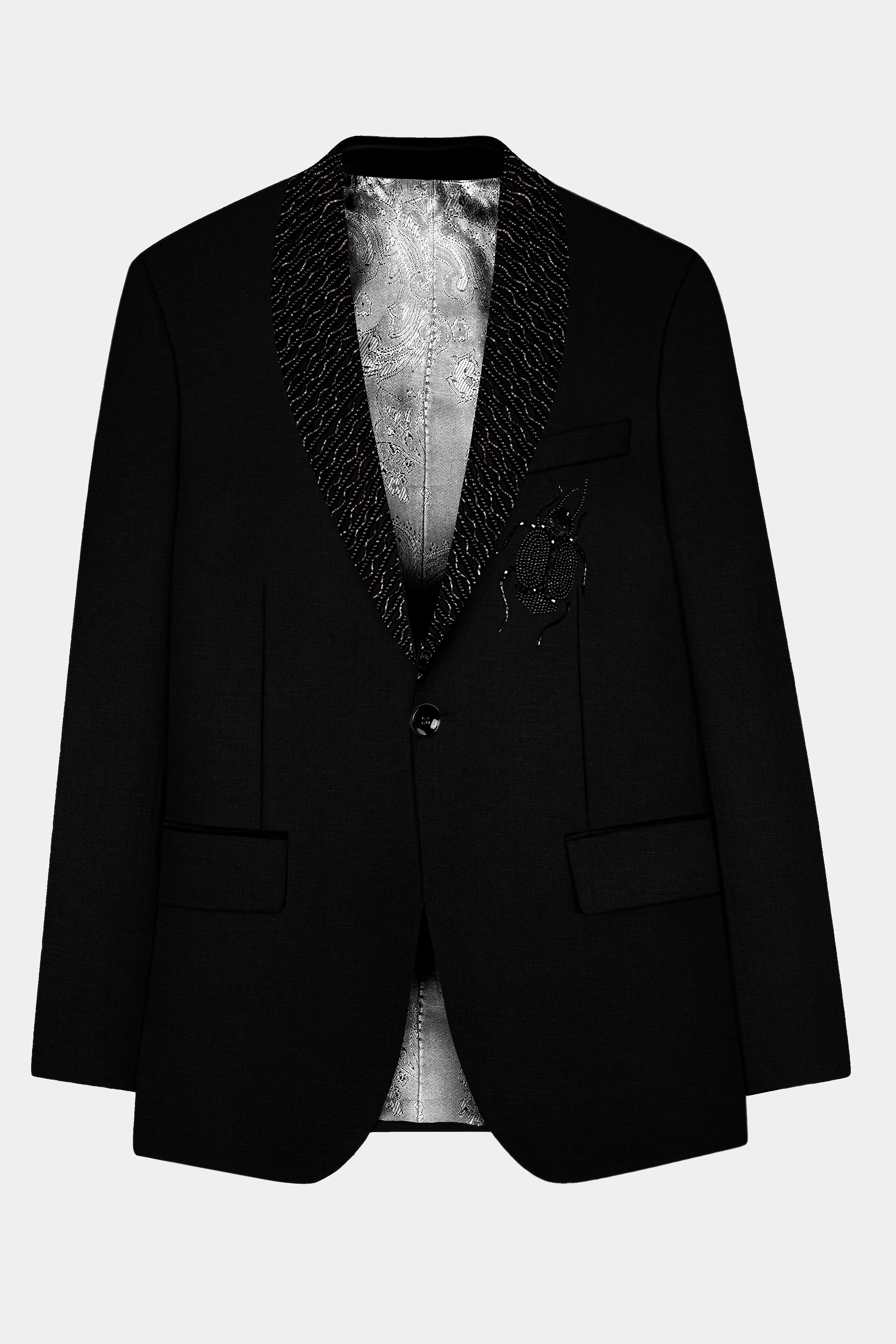 Jade Black Stretchable Subtle Sheen Ladybird Patterned Wool Rich Tuxedo Blazer - Image 6