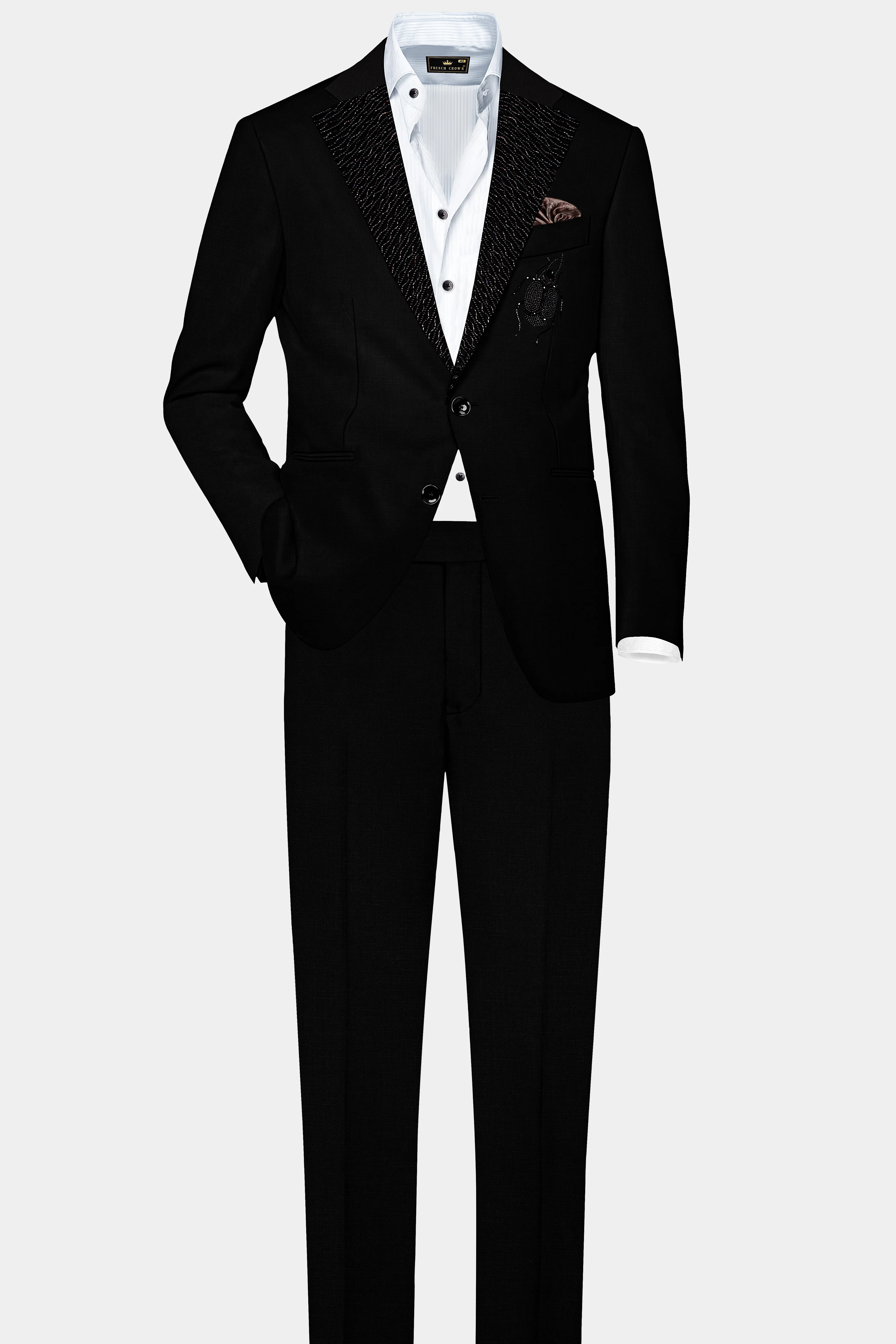Jade Black Stretchable Subtle Sheen Ladybird Patterned Wool Rich Tuxedo Blazer - Image 8